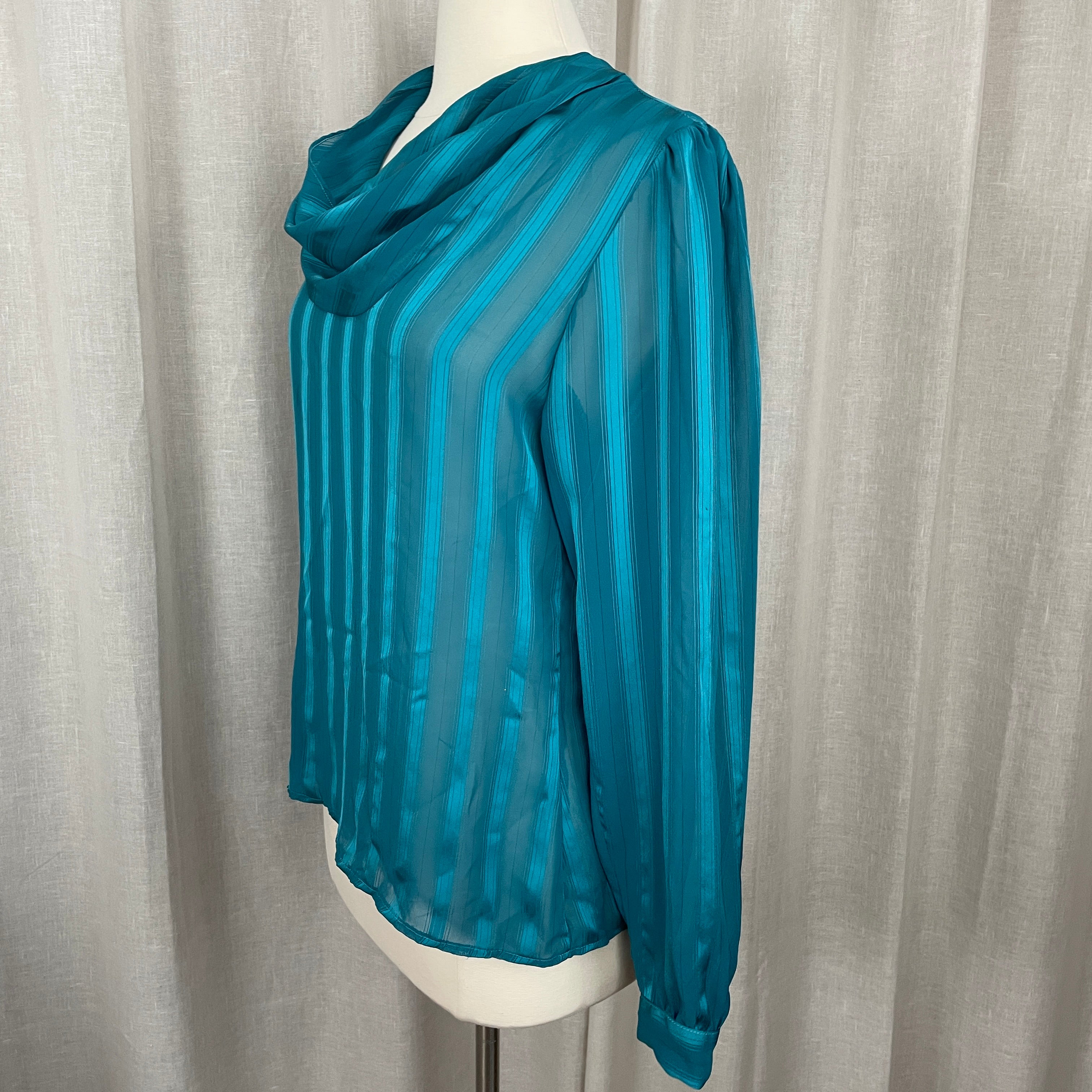 80s/90s Blouse Small Teal Green Sheer Stripe Cowl Neck By Cachare - Image 7