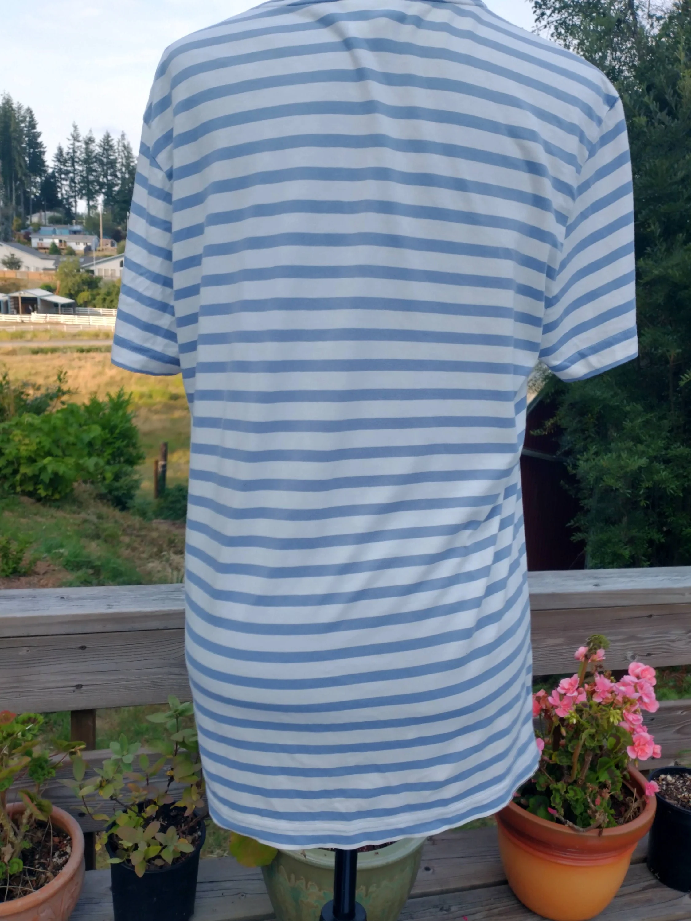 80s/90s Blue and White Stripe V-Neck T-Shirt Made In Peru Women's Medium by Lacoste - Image 2