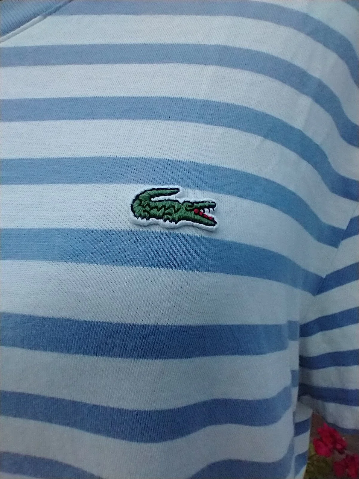 80s/90s Blue and White Stripe V-Neck T-Shirt Made In Peru Women's Medium by Lacoste - Image 3