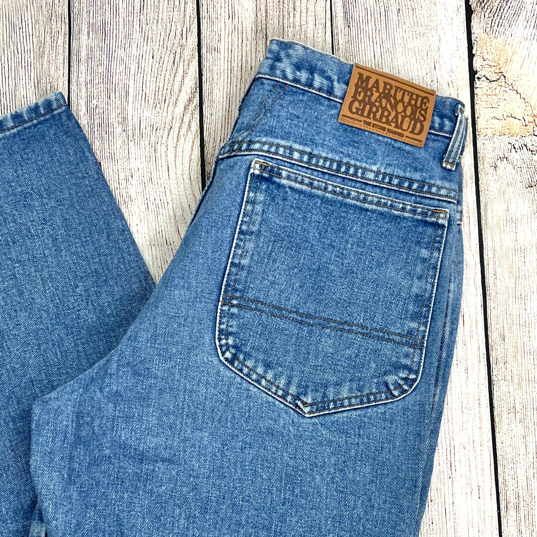 80s/90s Blue Denim High Waisted Tapered Leg Mom Jeans By Marithe Francois Girbaud - Image 4