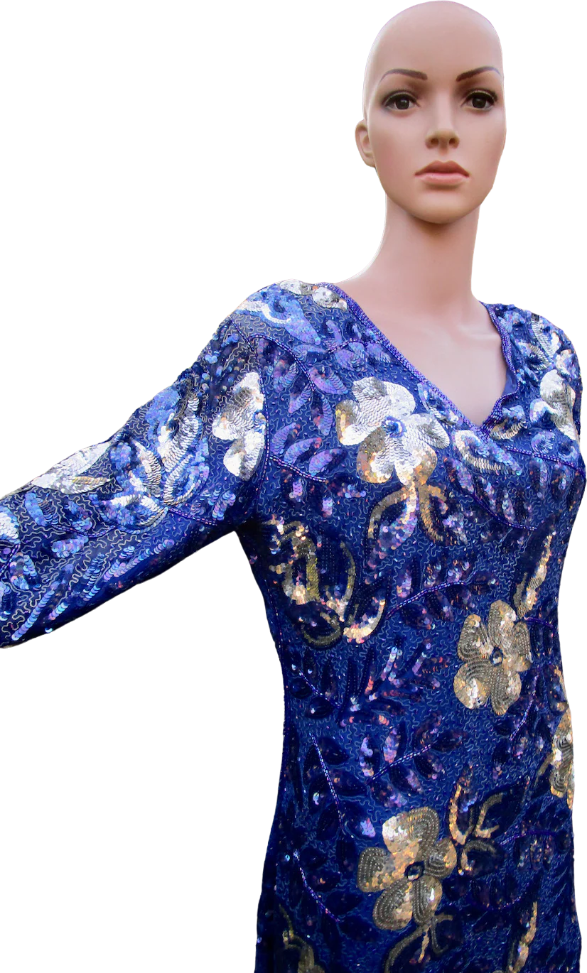80s/90s Blue Sequin And Bead Gown Large Floral Pattern - Image 2