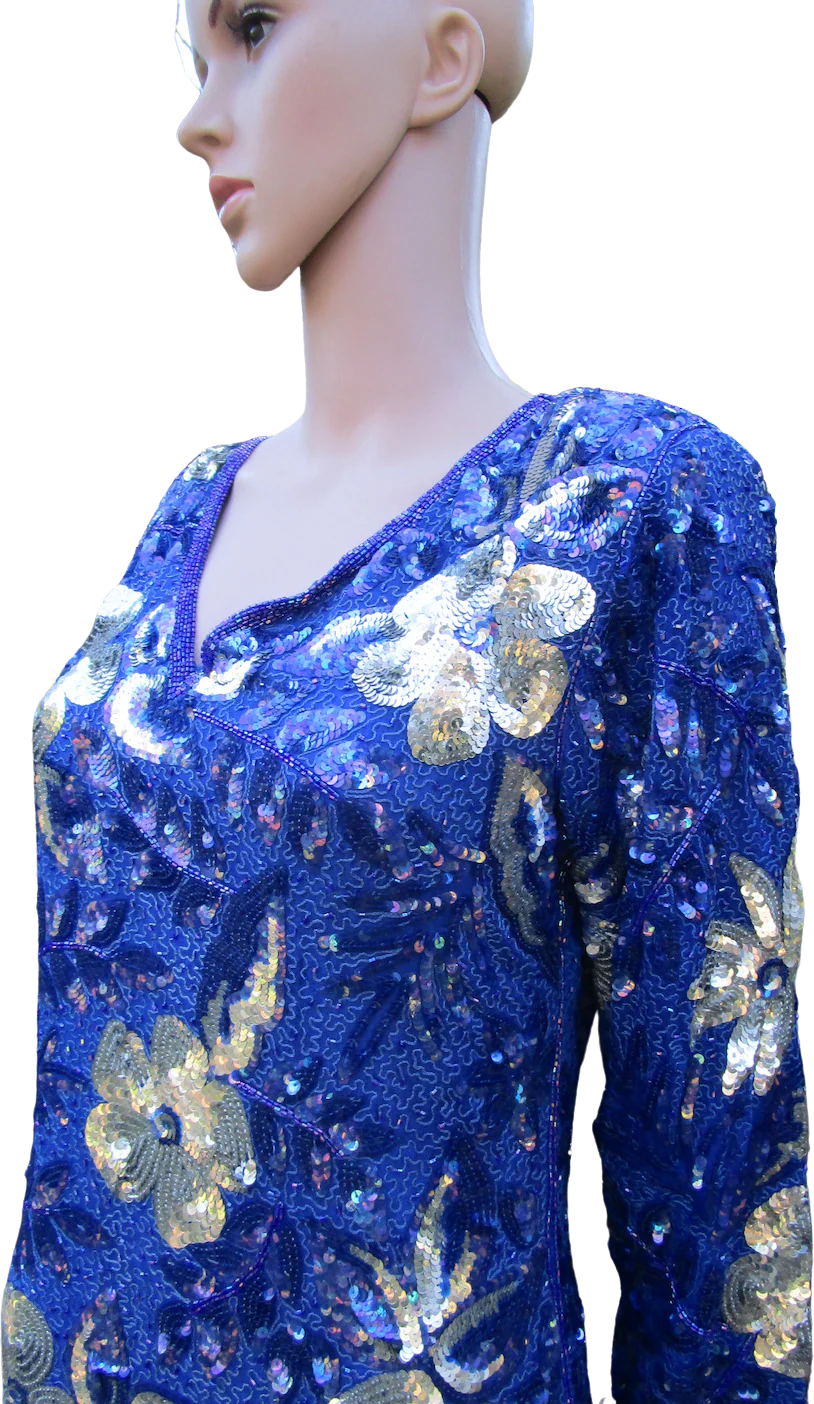 80s/90s Blue Sequin And Bead Gown Large Floral Pattern - Image 4