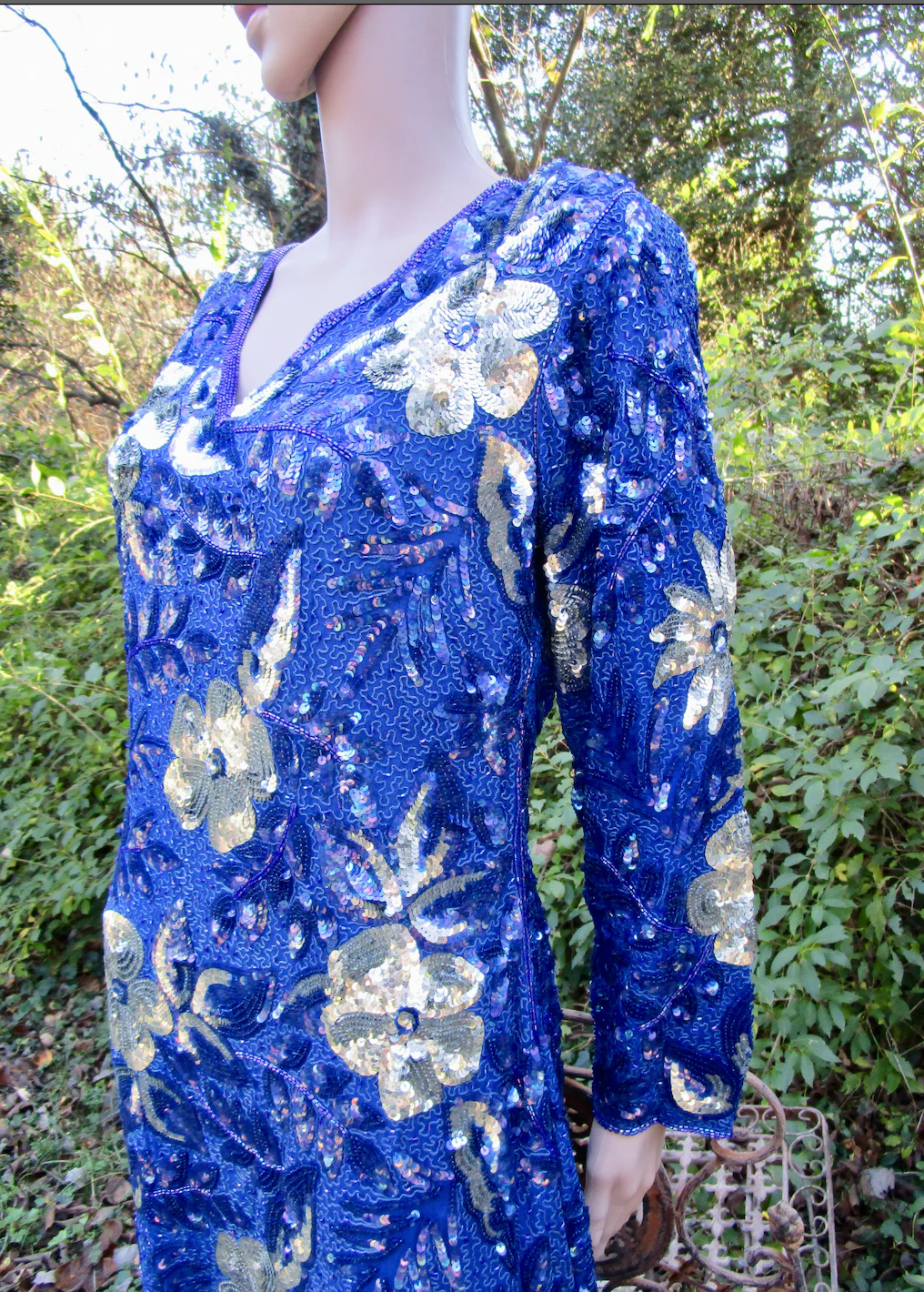 80s/90s Blue Sequin And Bead Gown Large Floral Pattern - Image 7
