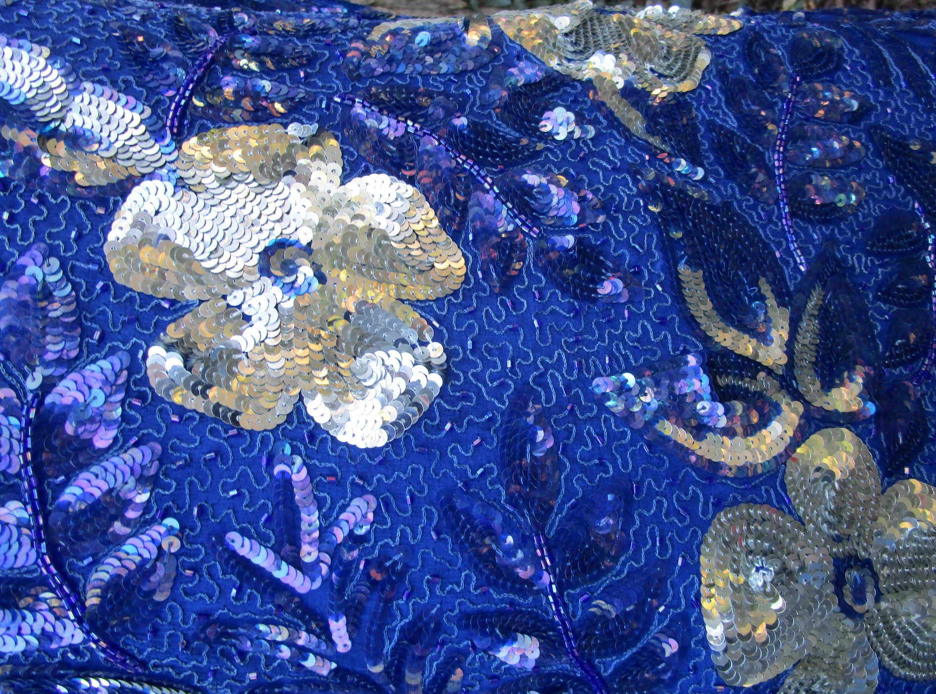 80s/90s Blue Sequin And Bead Gown Large Floral Pattern - Image 8