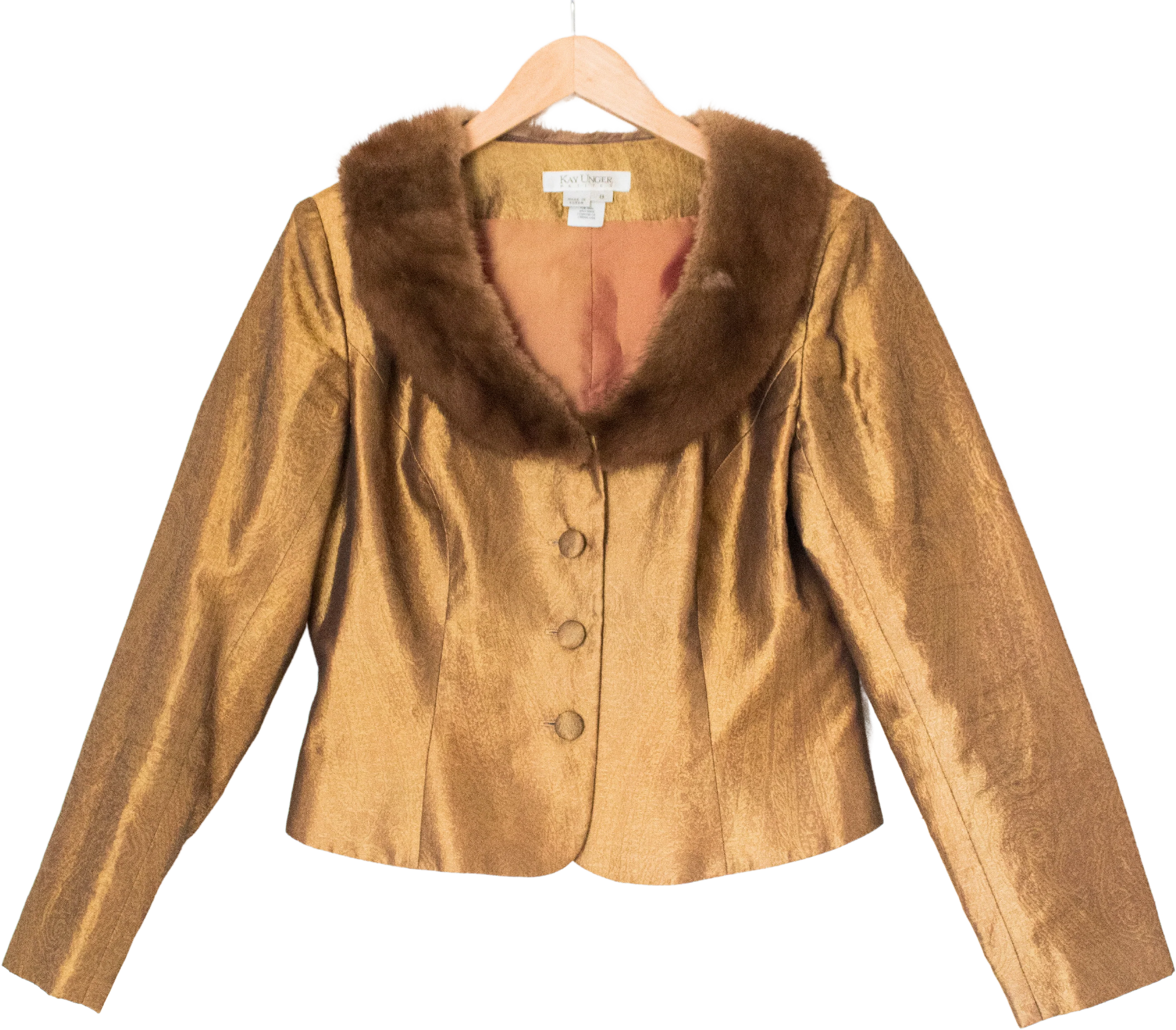 80s/90s Bronze Mink Fur Trimmed Button Down Blazer By Kay Unger Petites