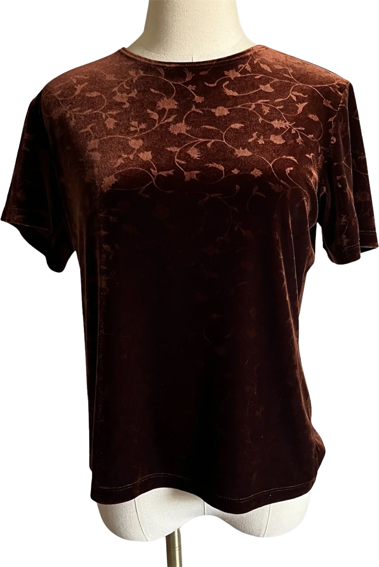 80s/90s Brown Amber Floral Velvet Short Sleeve Top