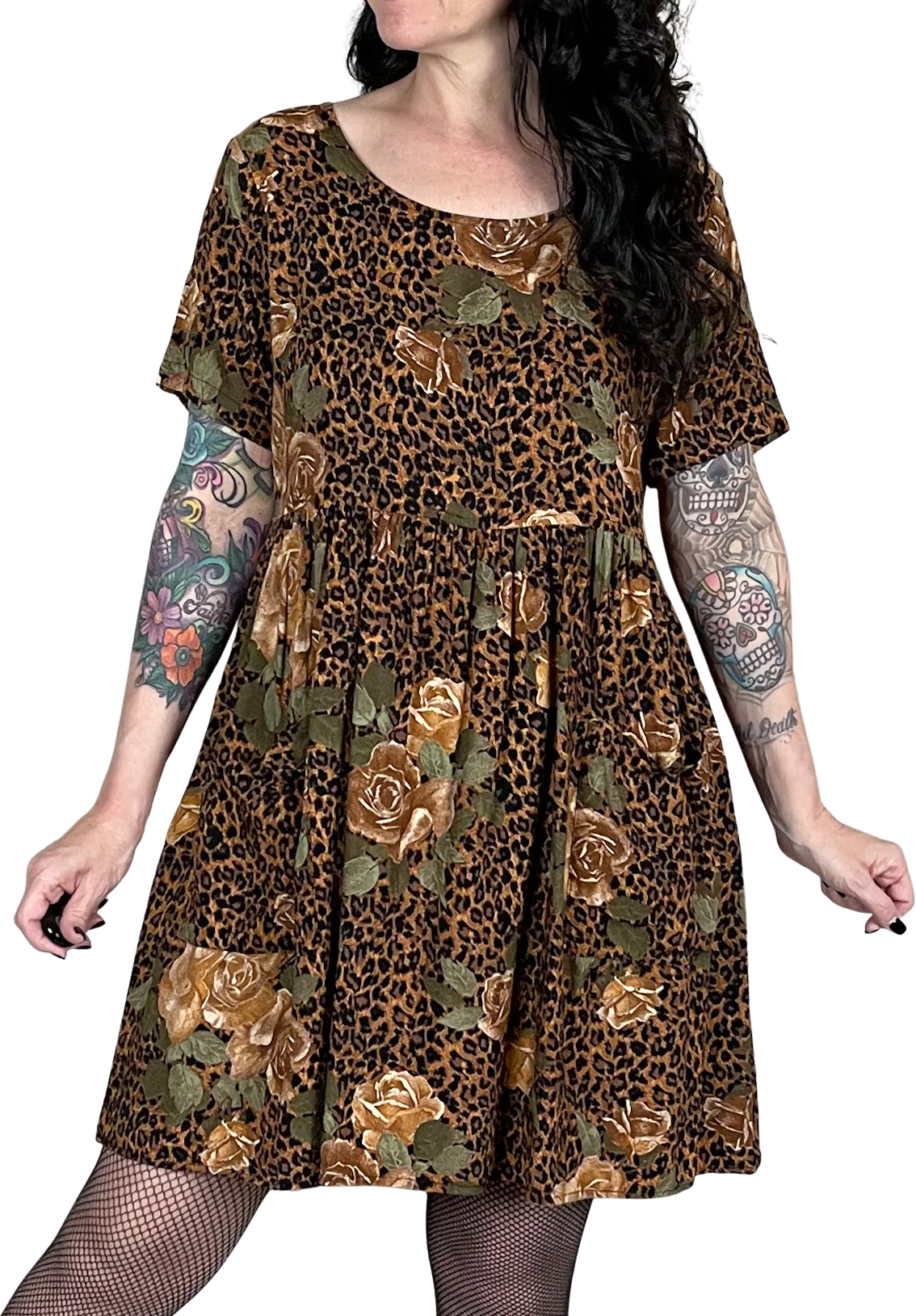 80s/90s Brown Leopard And Rose Print Babydoll Mini Dress By Dressing Clio