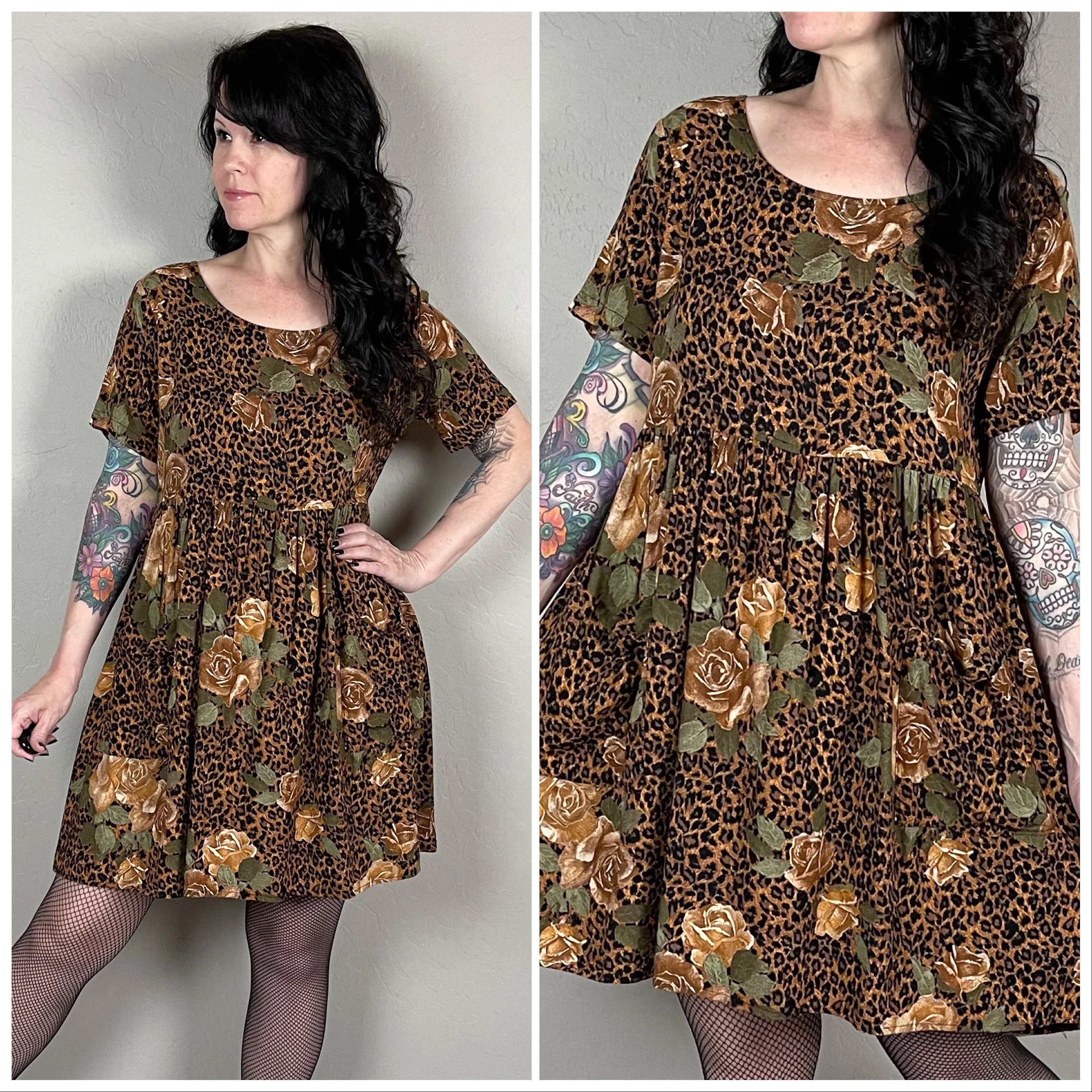 80s/90s Brown Leopard And Rose Print Babydoll Mini Dress By Dressing Clio - Image 2