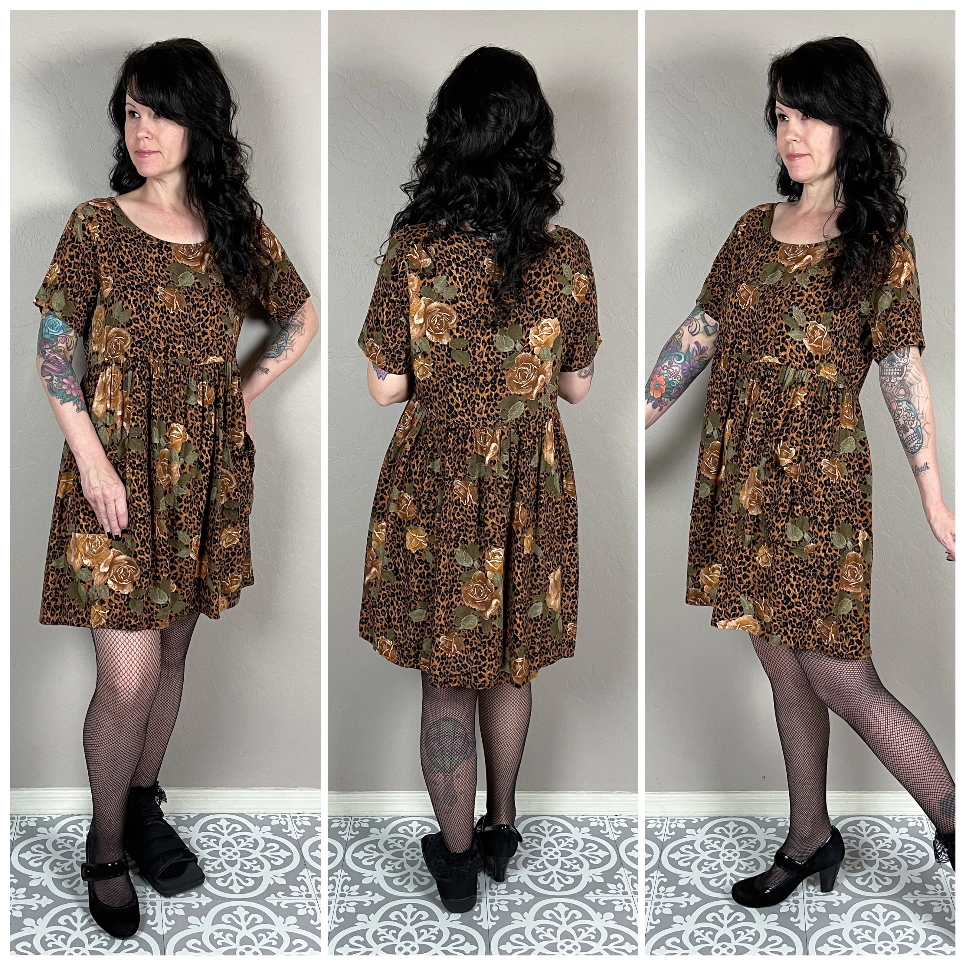 80s/90s Brown Leopard And Rose Print Babydoll Mini Dress By Dressing Clio - Image 3