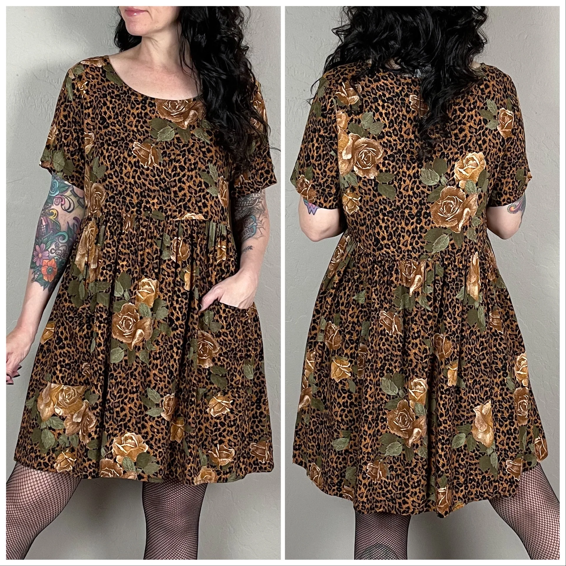 80s/90s Brown Leopard And Rose Print Babydoll Mini Dress By Dressing Clio - Image 4