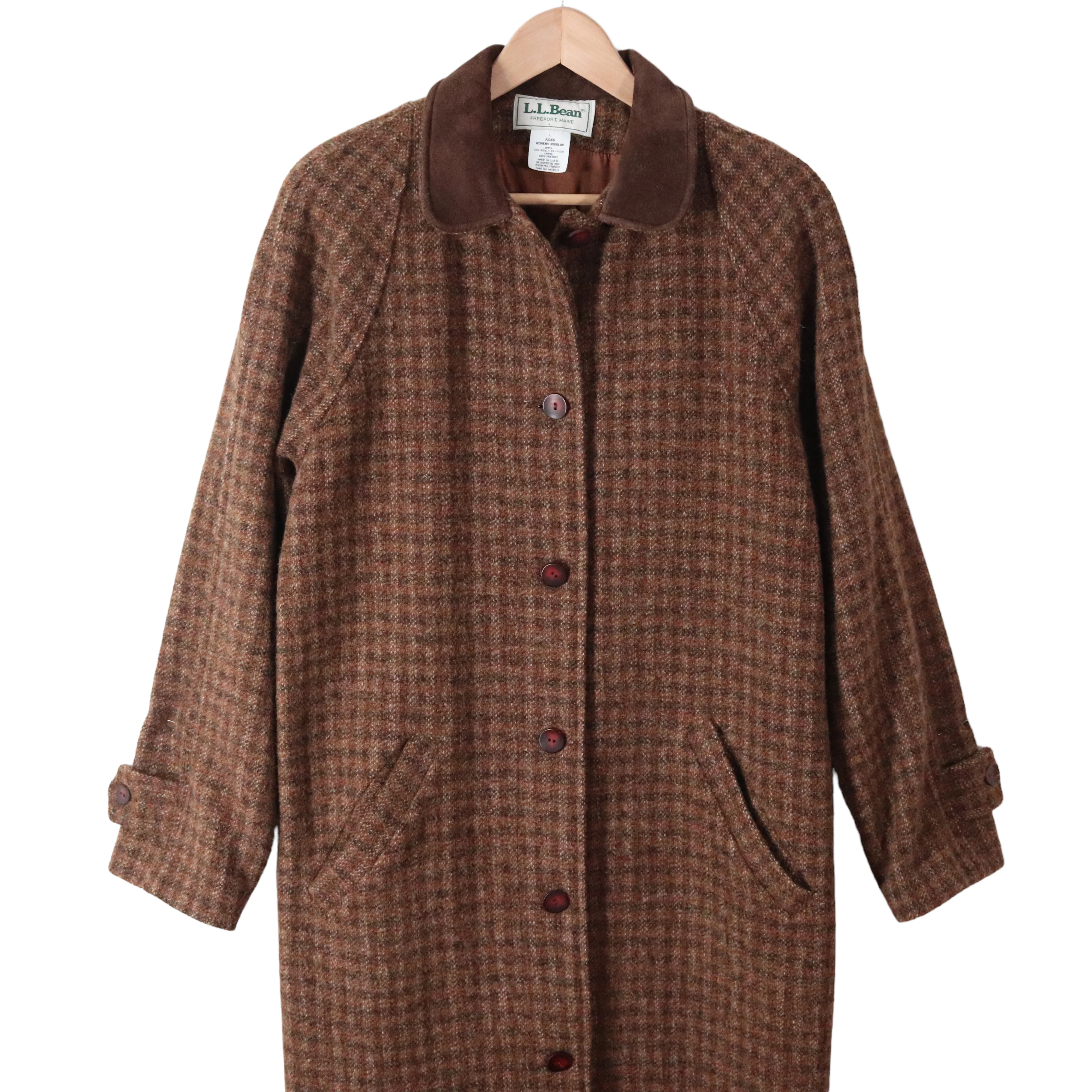 80s/90s Brown Plaid Tweed Long Wool Suede Collar Coat by LL Bean - Image 8