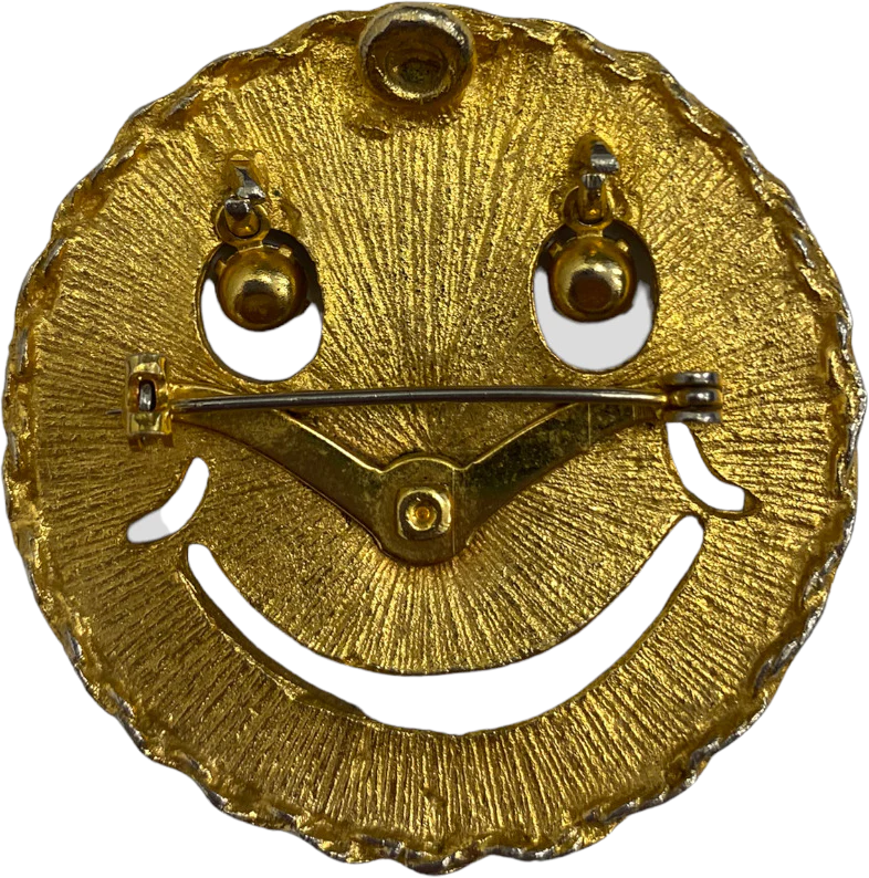 80s/90s Brushed Gold Crystal Happy Face Brooch Pendant - Image 2