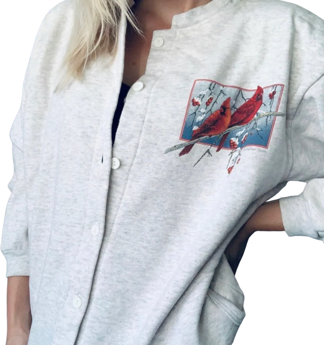 80s/90s Button Up Winter Cardinal Crewneck Sweatshirt