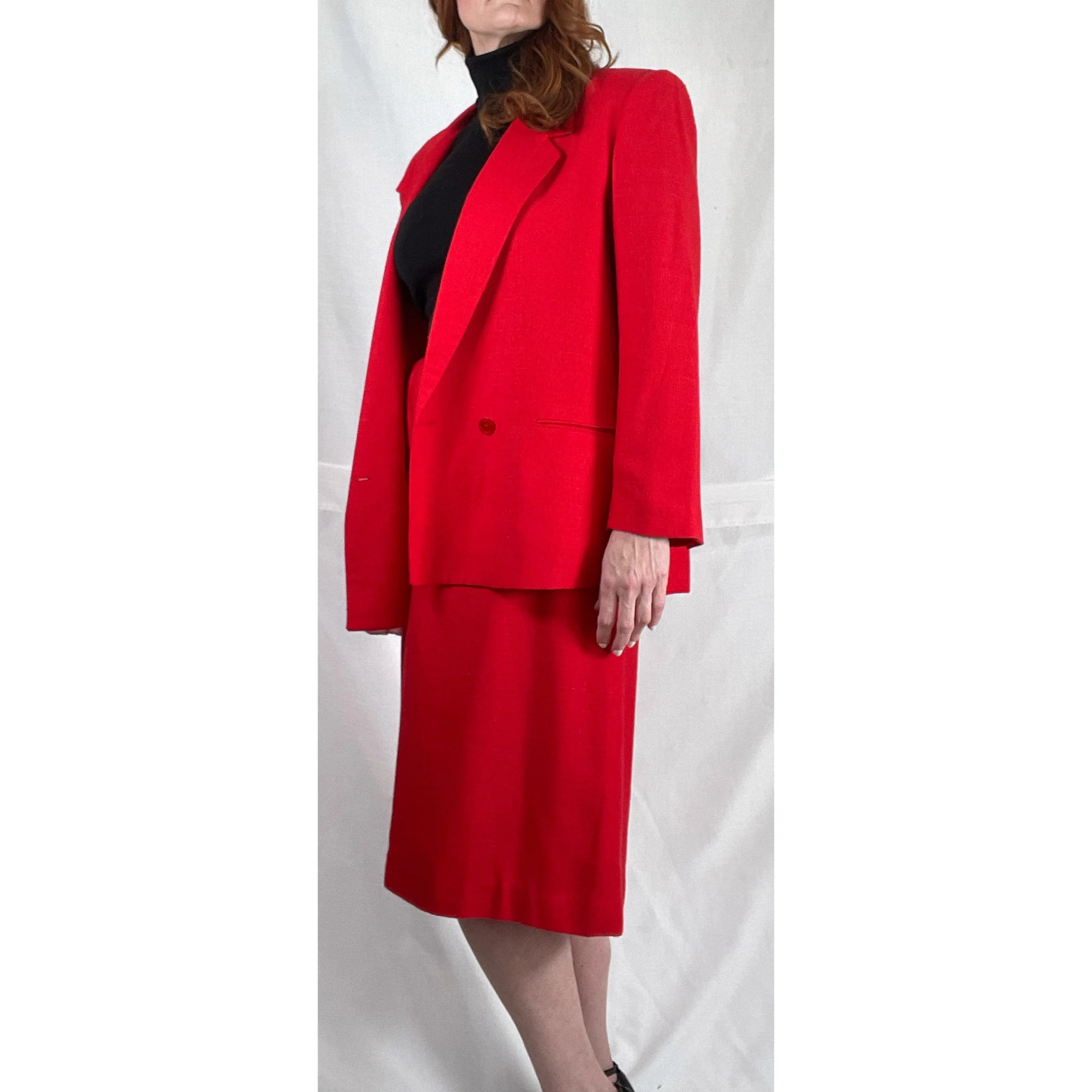 80s/90s Candy Apple Red Double Breast Skirt Suit - Image 5