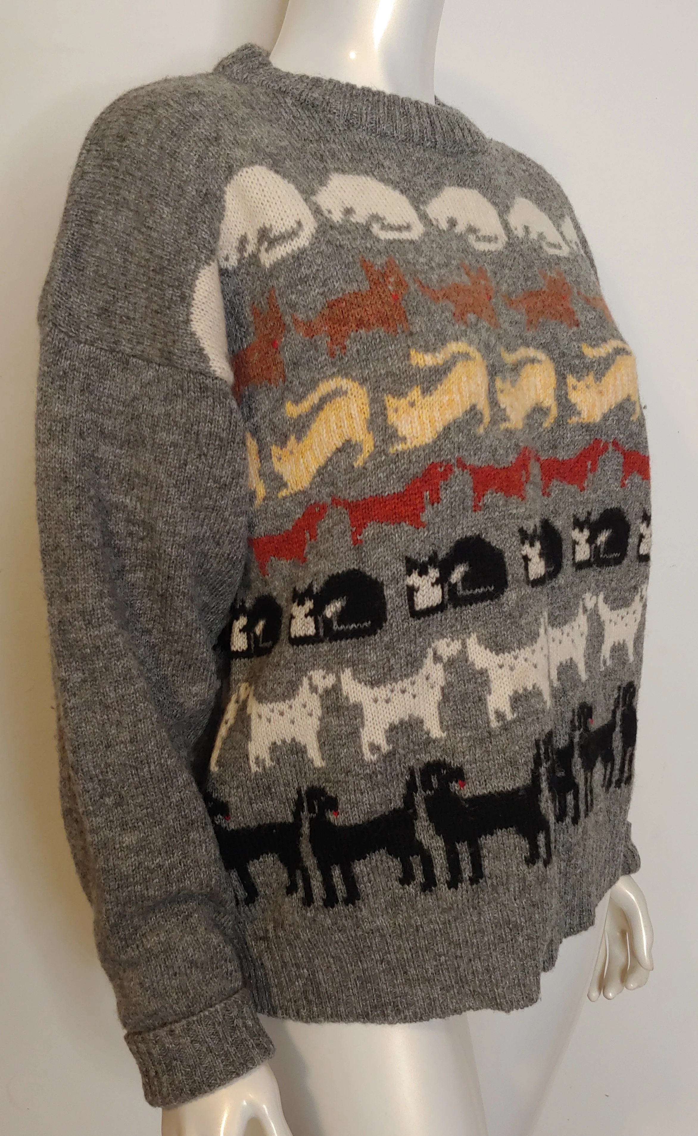 80s/90s Cats And Dogs Wool Pullover Sweater Xl Gray Black By Orvis - Image 4