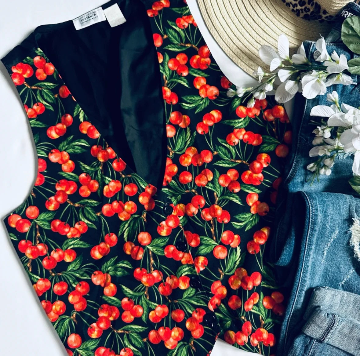 80s/90s Cherry Printed Retro Waistcoat Vest By Sostanza - Image 5