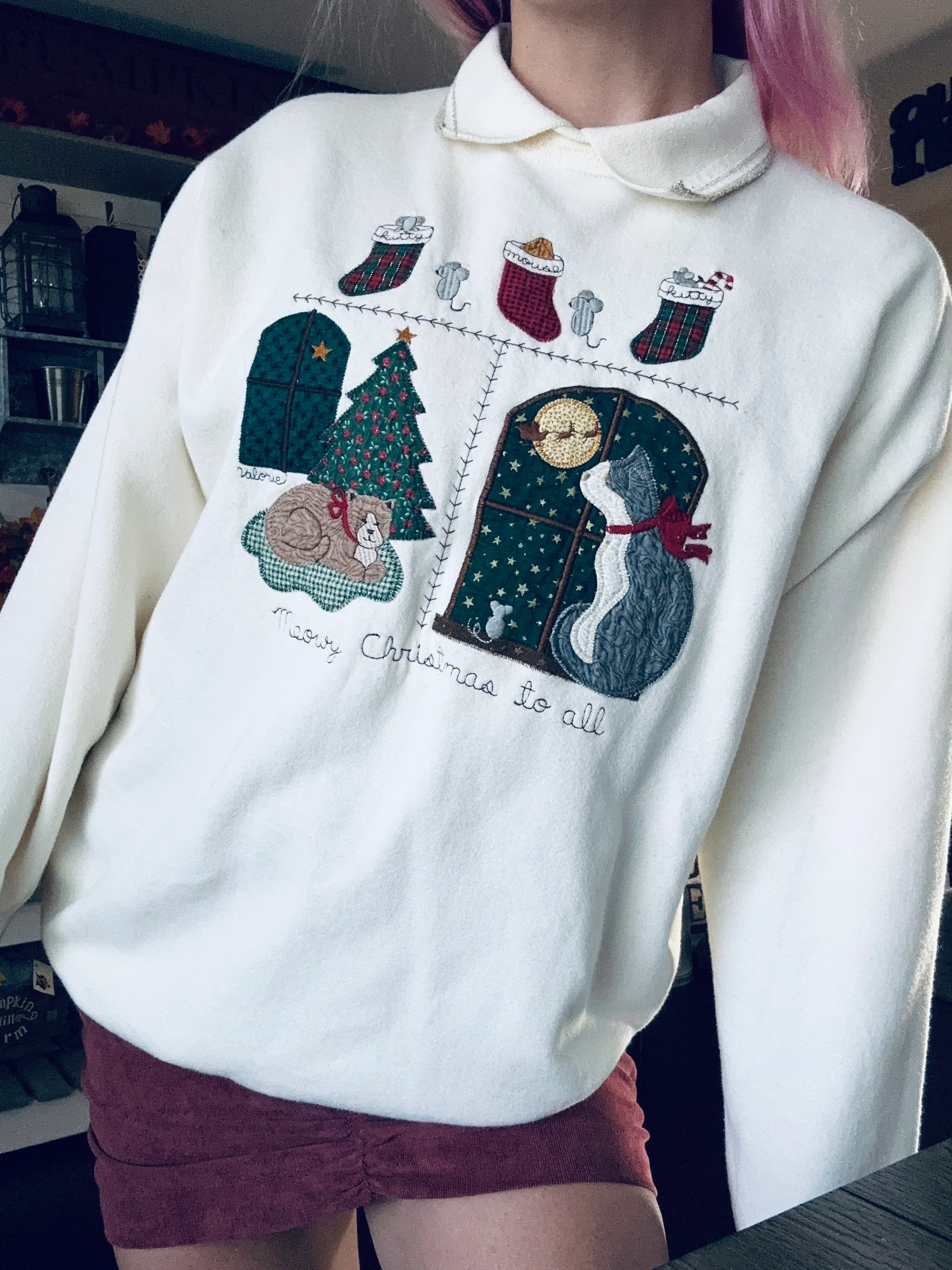 80s/90s Christmas Cats Folkart Collared Crew Sweatshirt By Folkart Applique Valorie Sockwell - Image 2