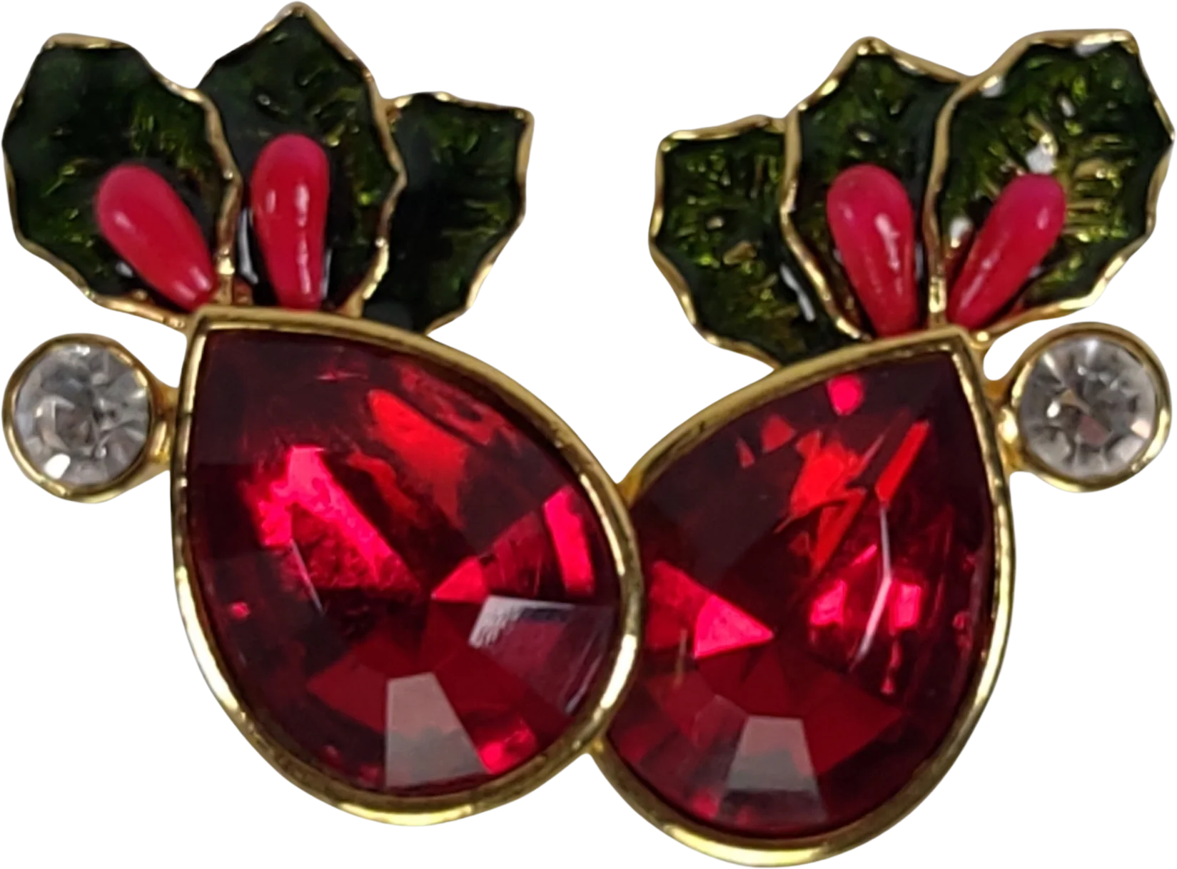 80s/90s Christmas Rhinestone Earrings Clip On Holly Leaves By Avon