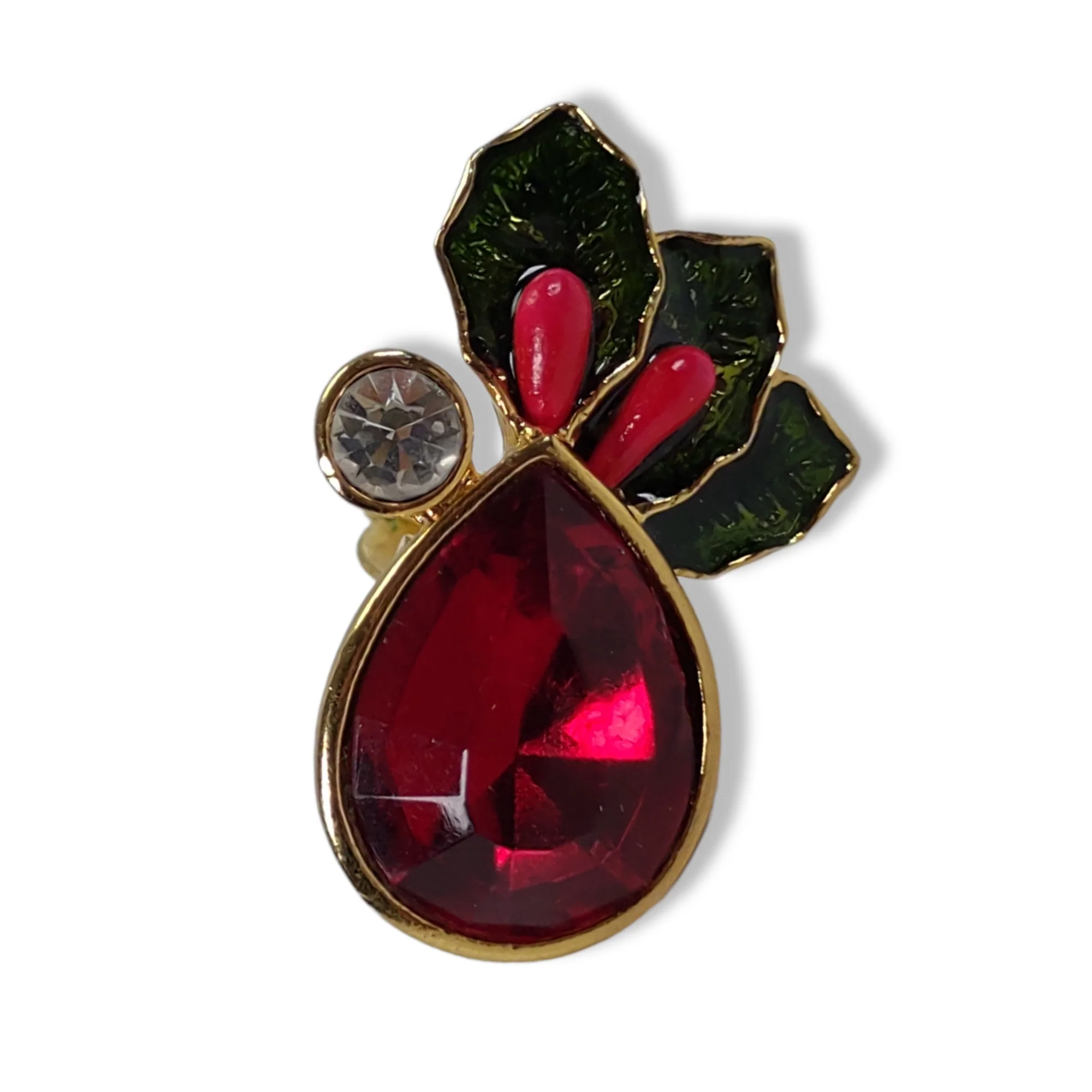 80s/90s Christmas Rhinestone Earrings Clip On Holly Leaves By Avon - Image 3