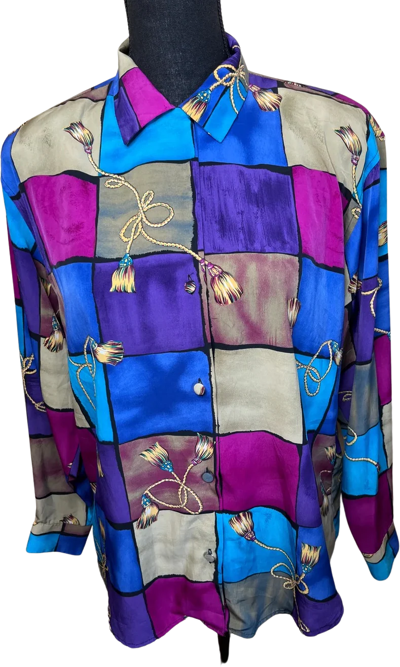 80s/90s Colored Block Tassel Design Blouse