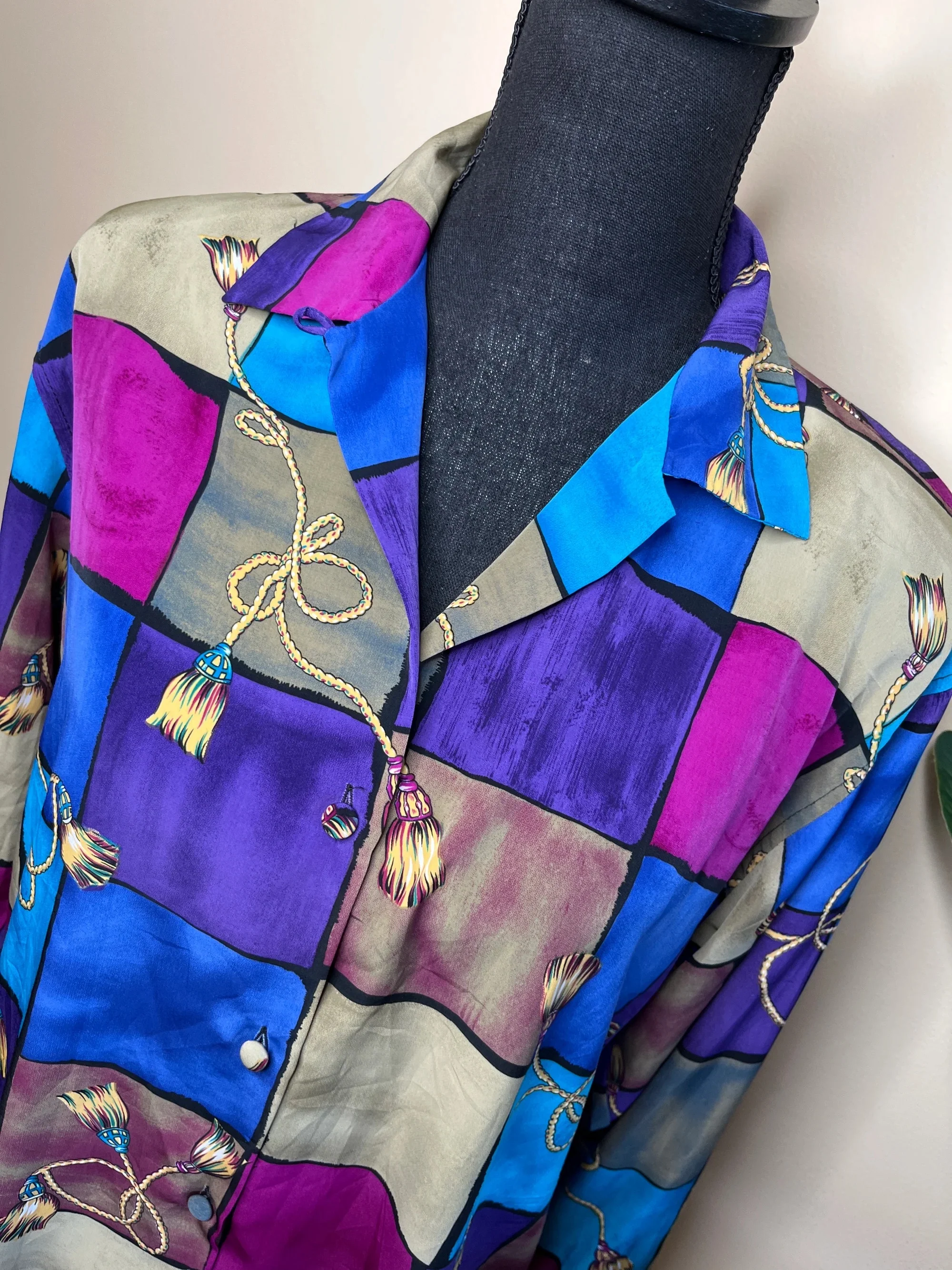 80s/90s Colored Block Tassel Design Blouse - Image 3