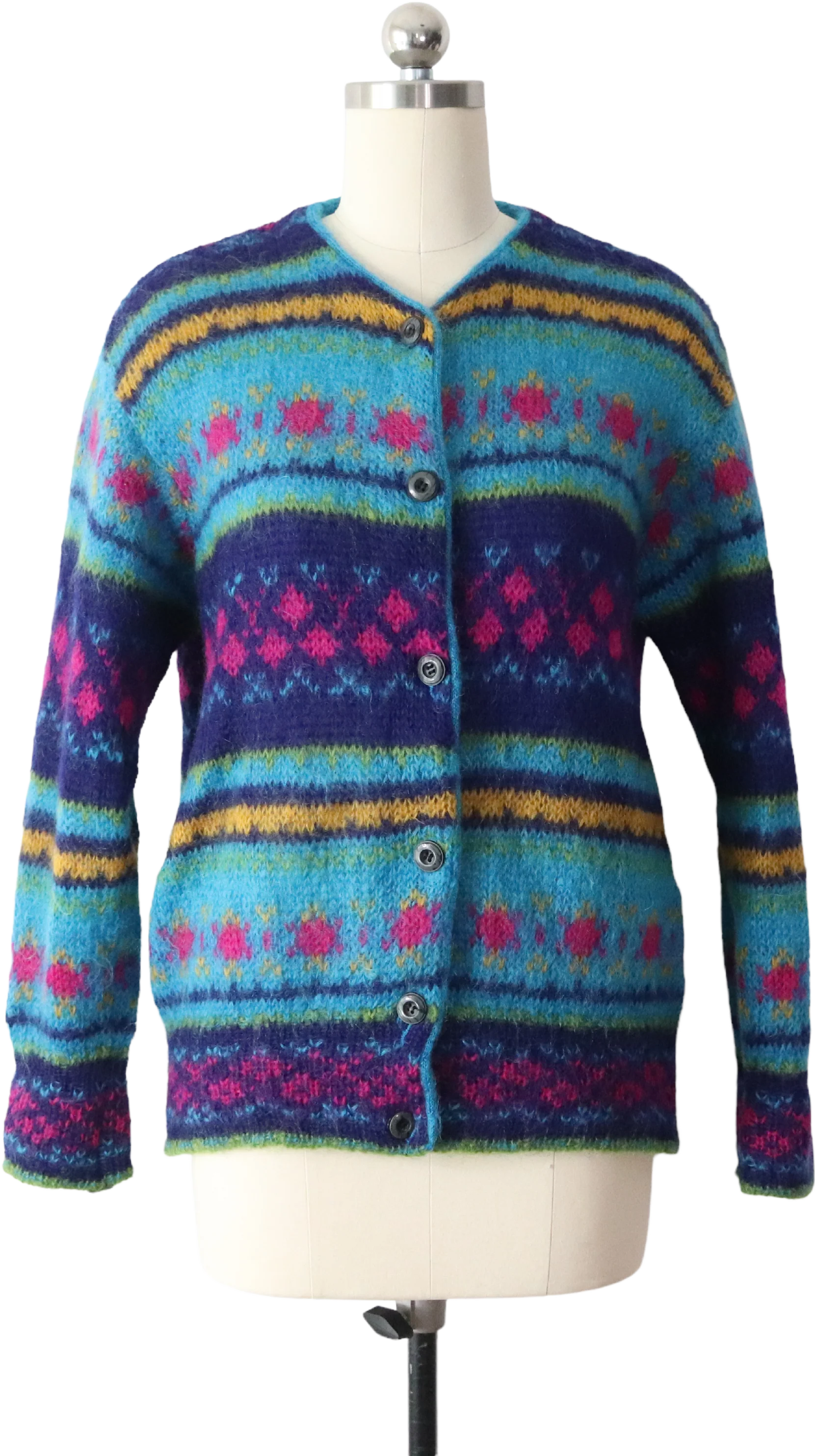 80s/90s Colorful Fair Isle Italian Mohair Cardigan Sweater By United Colors of Benetton