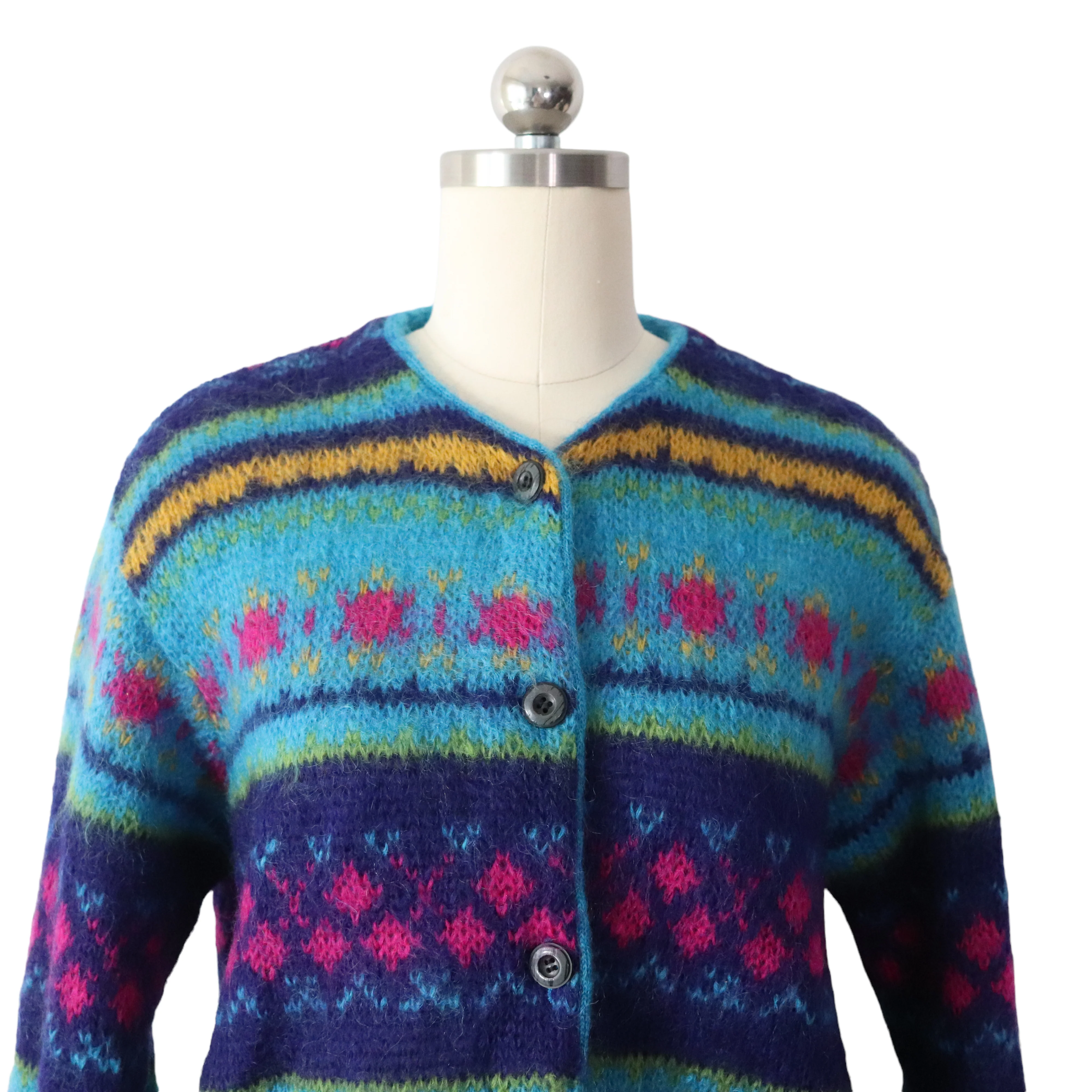 80s/90s Colorful Fair Isle Italian Mohair Cardigan Sweater By United Colors of Benetton - Image 3