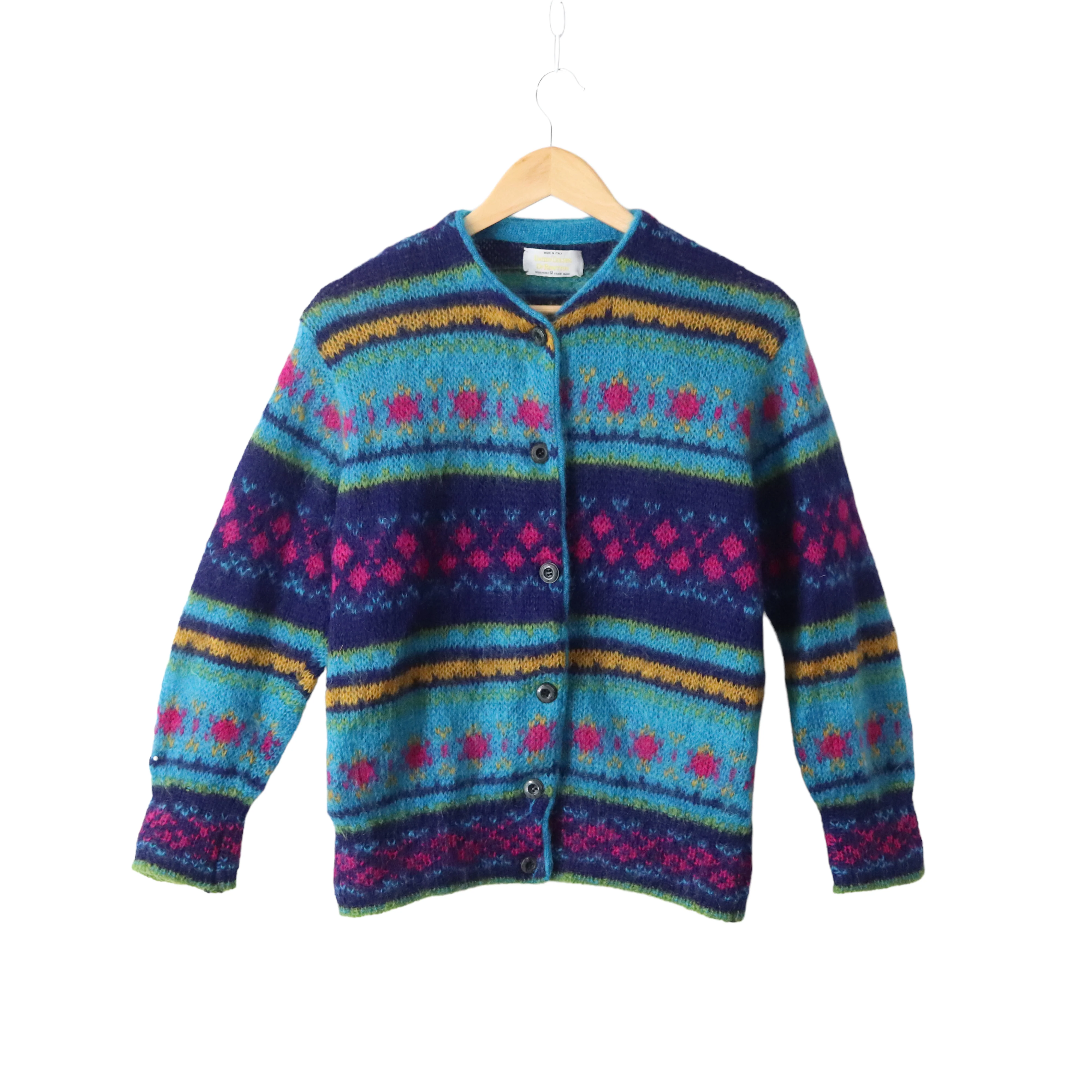 80s/90s Colorful Fair Isle Italian Mohair Cardigan Sweater By United Colors of Benetton - Image 5