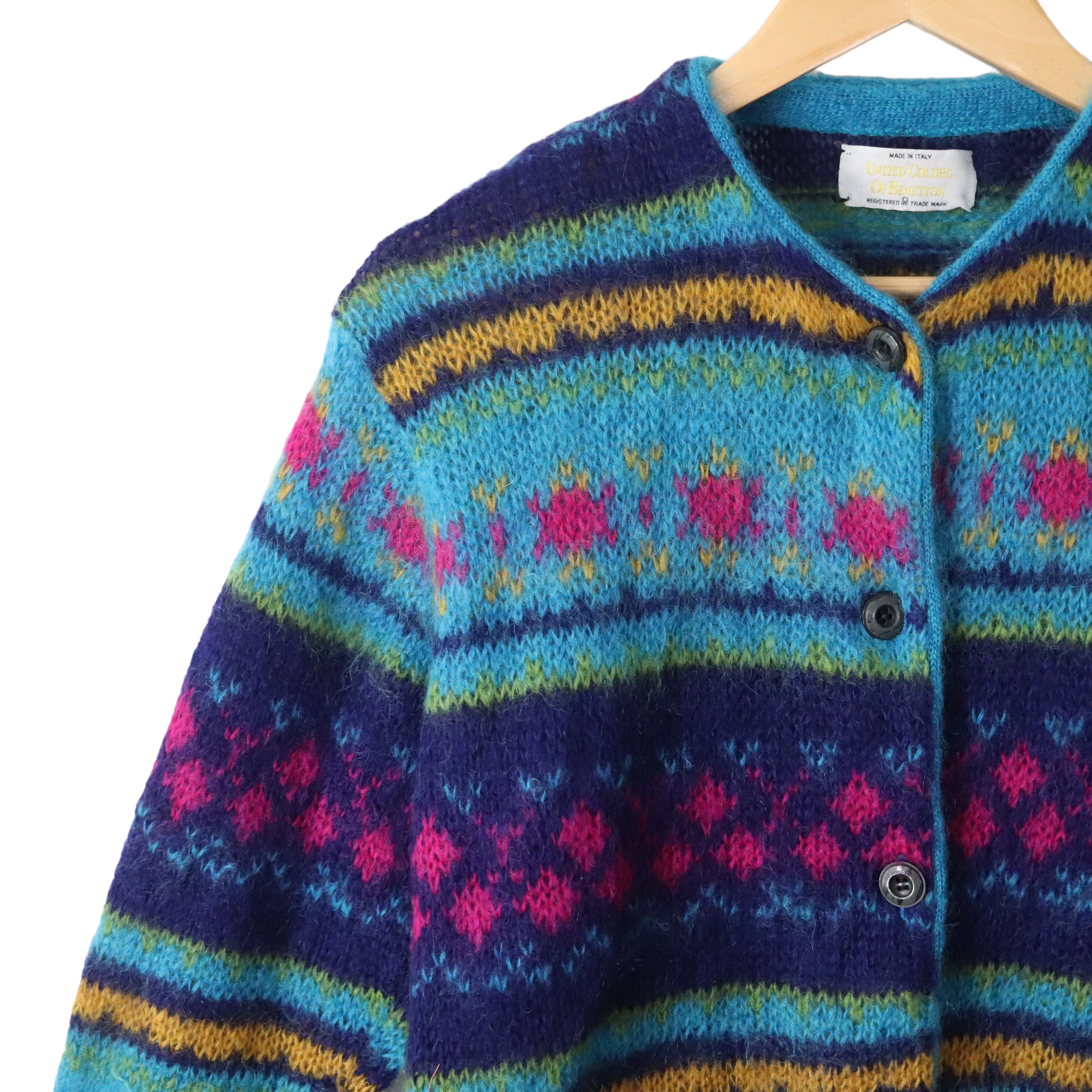 80s/90s Colorful Fair Isle Italian Mohair Cardigan Sweater By United Colors of Benetton - Image 6