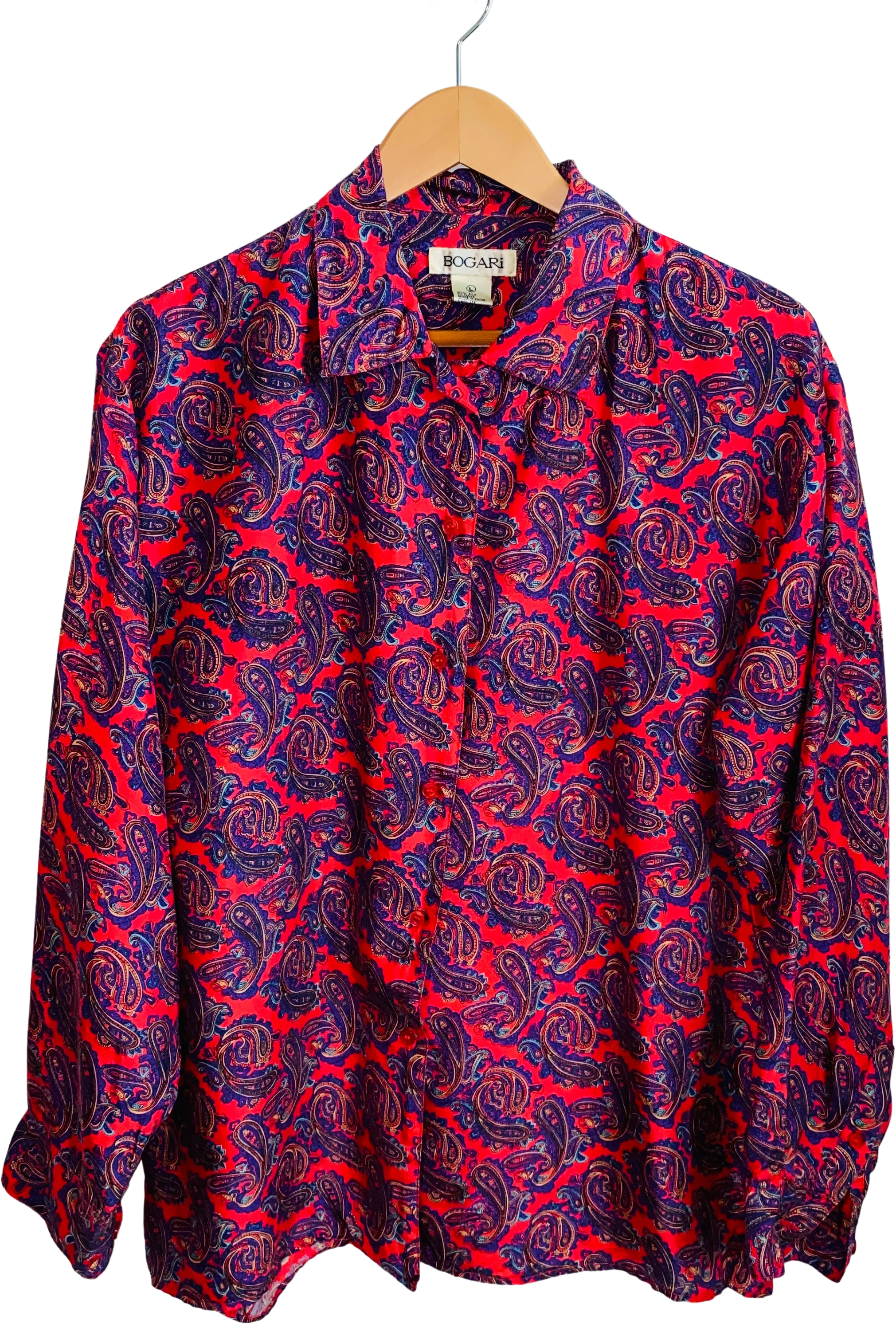 80s/90s Coral Pink Multicolor Paisley 100% Silk Blouse By Bogari