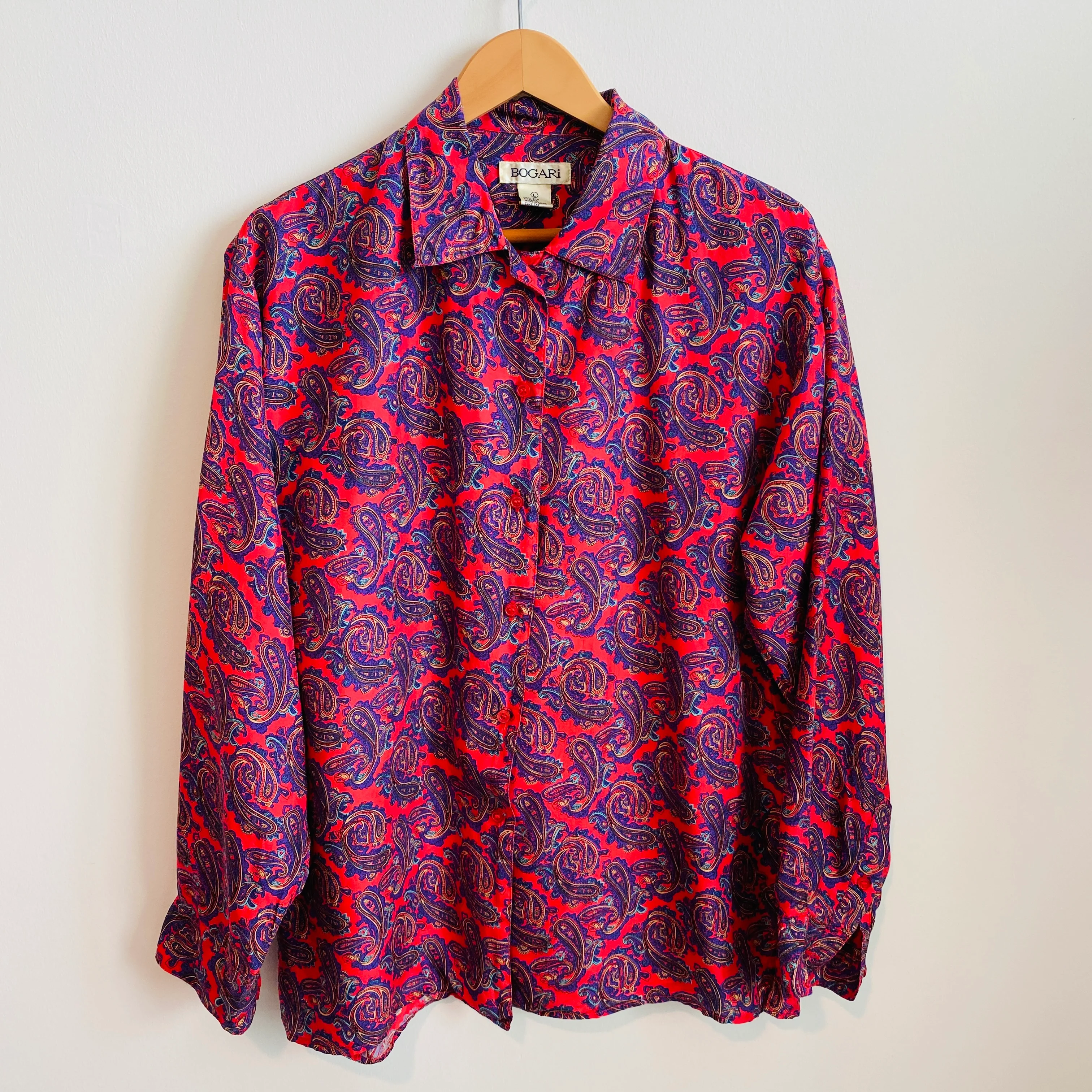 80s/90s Coral Pink Multicolor Paisley 100% Silk Blouse By Bogari - Image 3