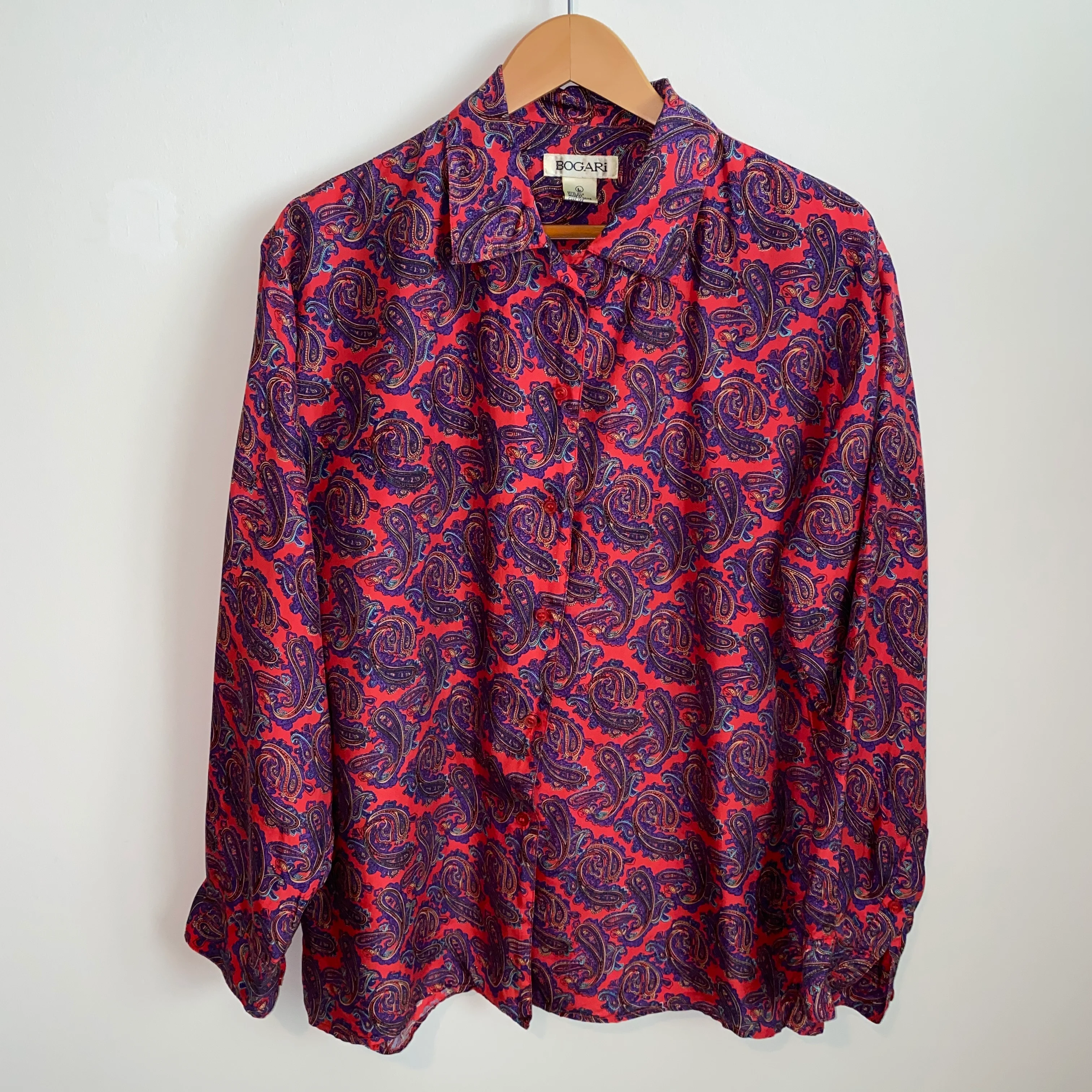 80s/90s Coral Pink Multicolor Paisley 100% Silk Blouse By Bogari - Image 4