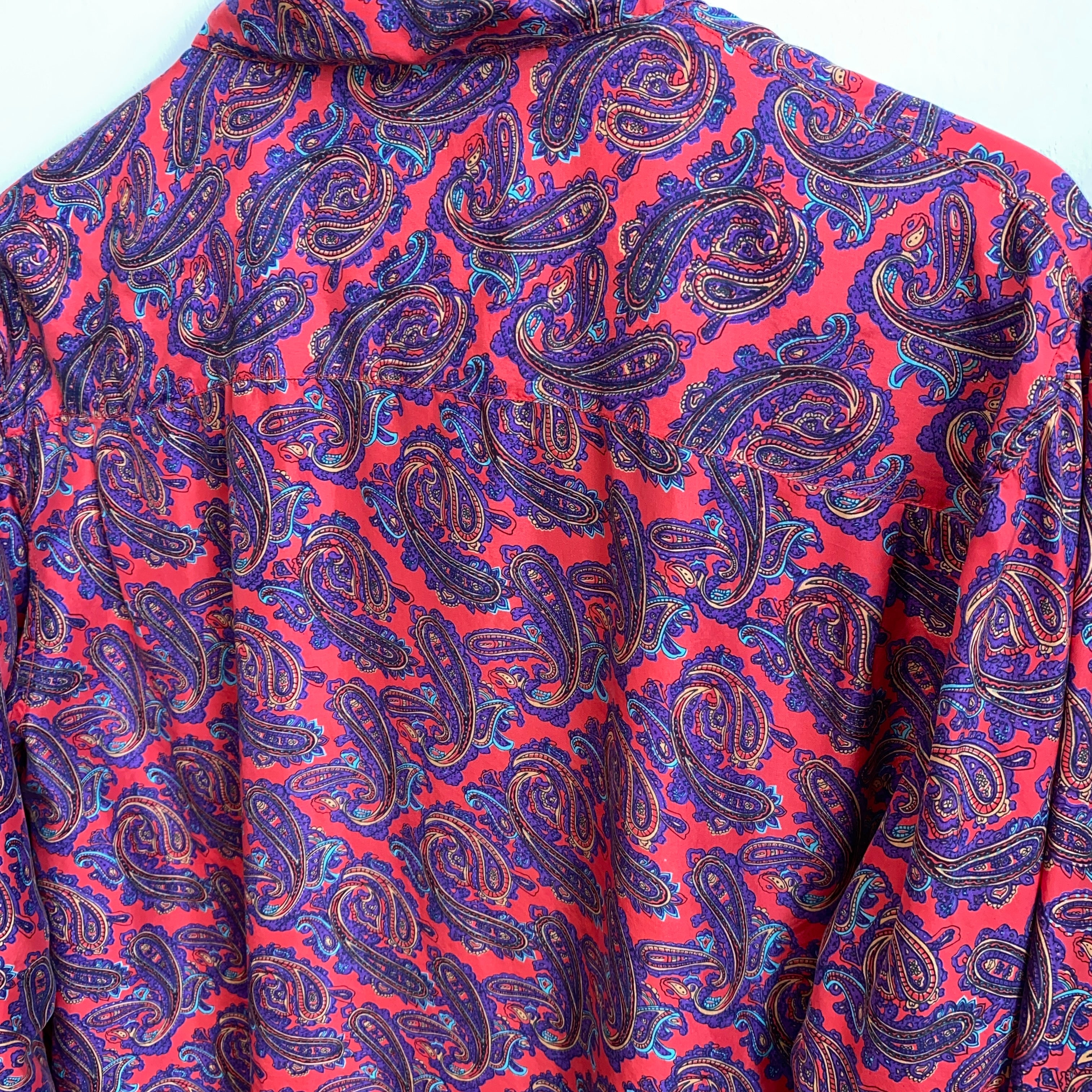 80s/90s Coral Pink Multicolor Paisley 100% Silk Blouse By Bogari - Image 7