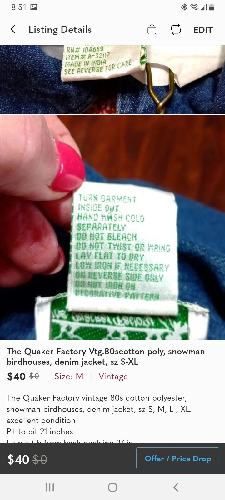 80s/90s Cotton Polyester Snowman Birdhouses, Denim Jacket By Quacker Factory - Image 7