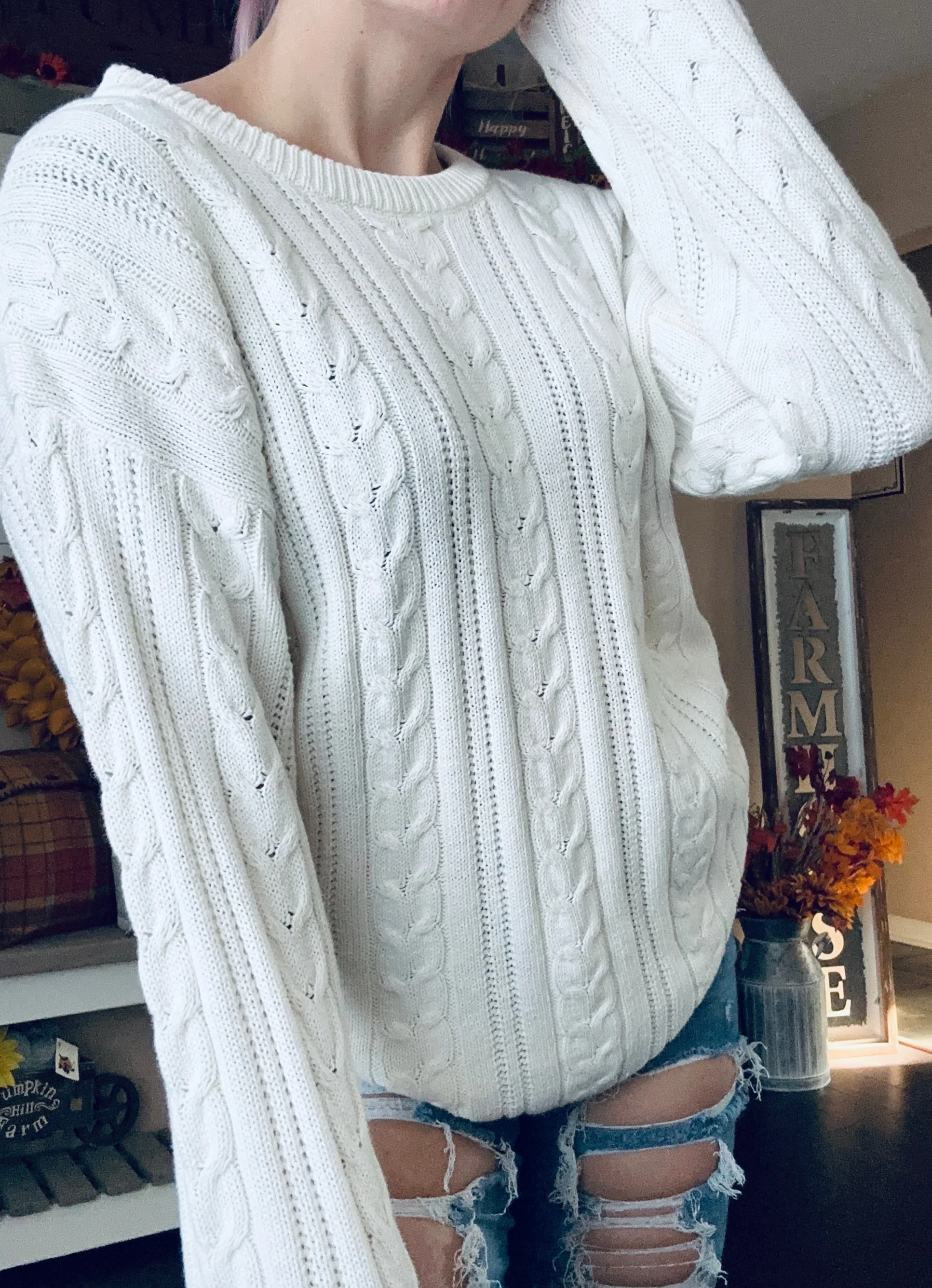 80s/90s Cream Chunky Braided Knit Crewneck Sweater By Extra Energy by De Rotchild - Image 3