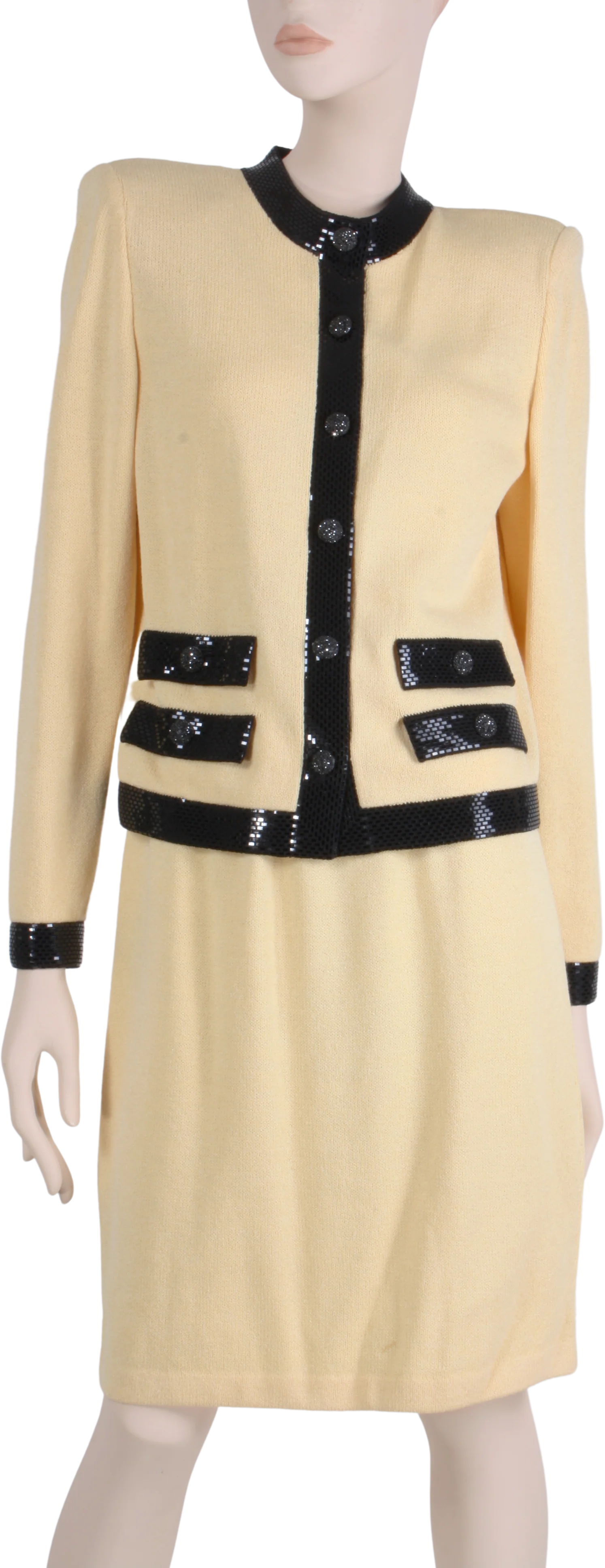 80s/90s Cream Santana Knit Sequin Jacket Skirt Suit Set By St. John