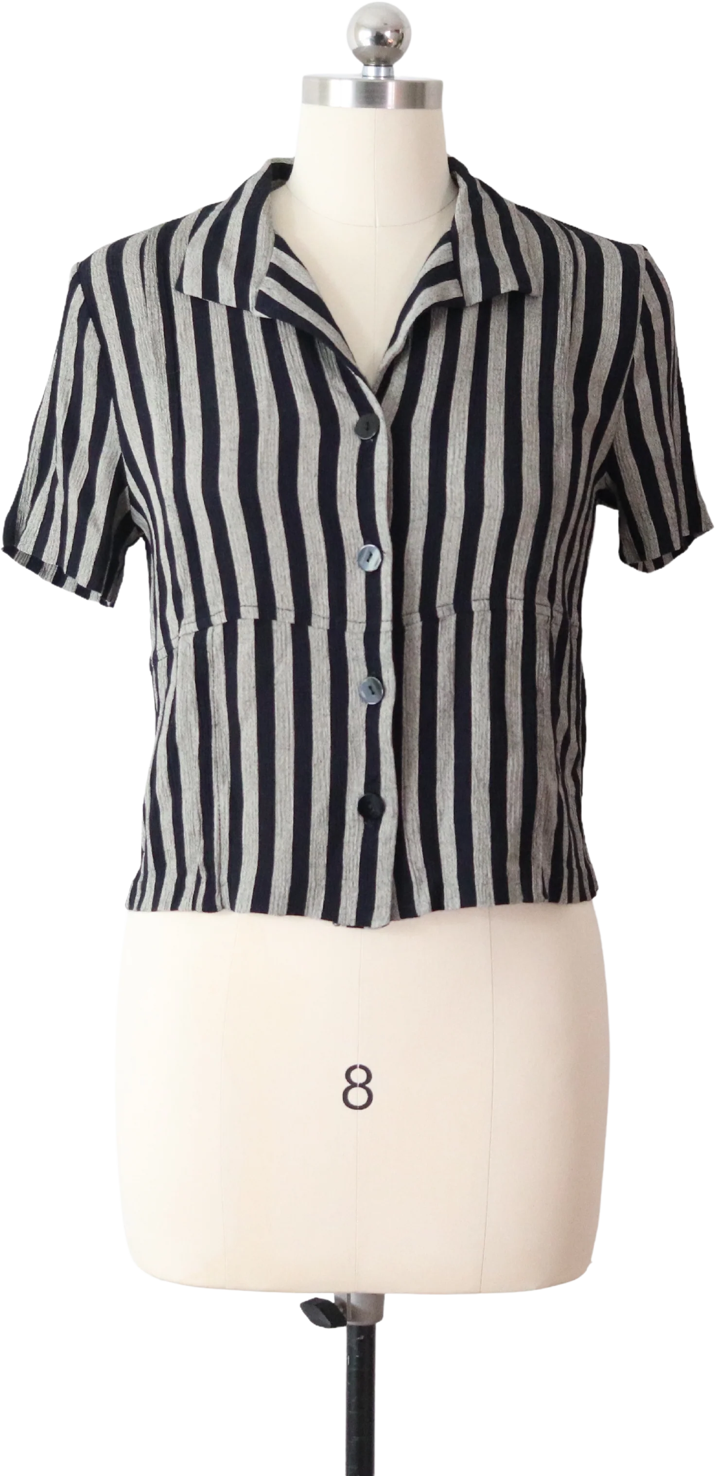 80s/90s Crinkle Striped Cropped Button Up Blouse Top Shirt By Petite Focus