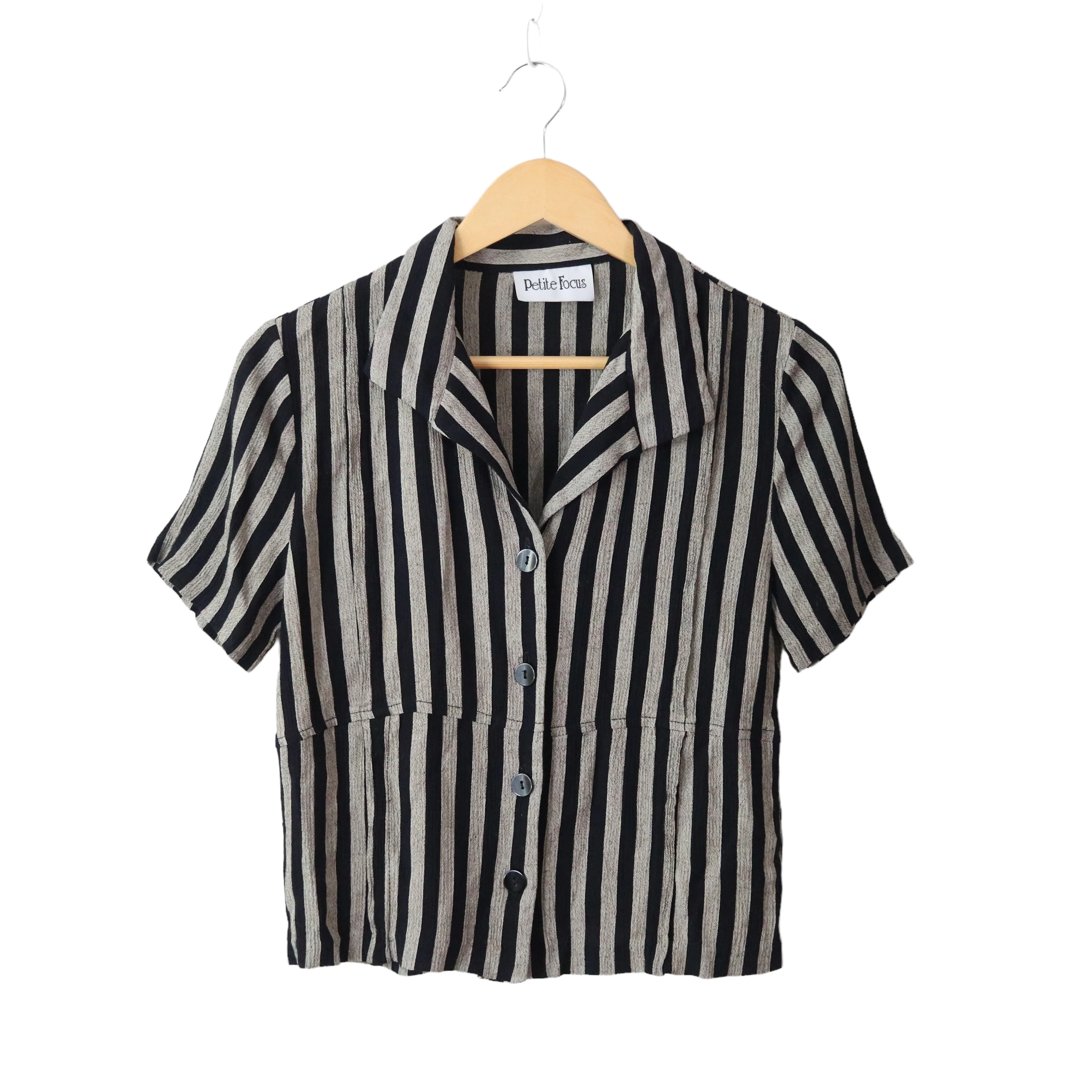 80s/90s Crinkle Striped Cropped Button Up Blouse Top Shirt By Petite Focus - Image 5