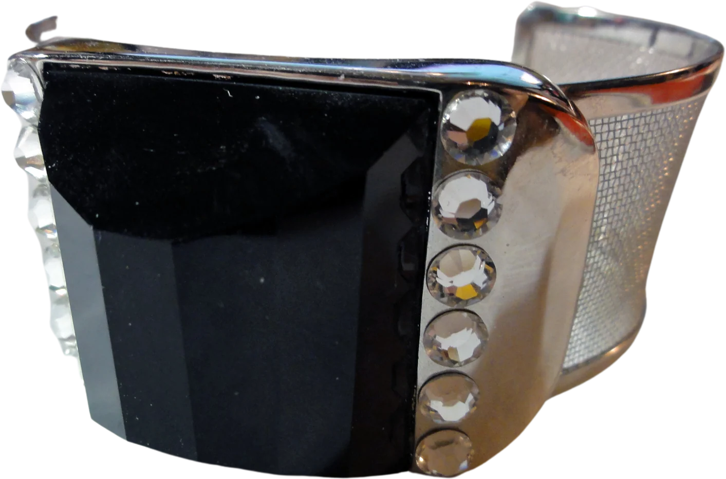 80s/90s Cuff Bracelet Silvertone Mesh Black And Rhinestone By Butler Fifth Avenue Collection