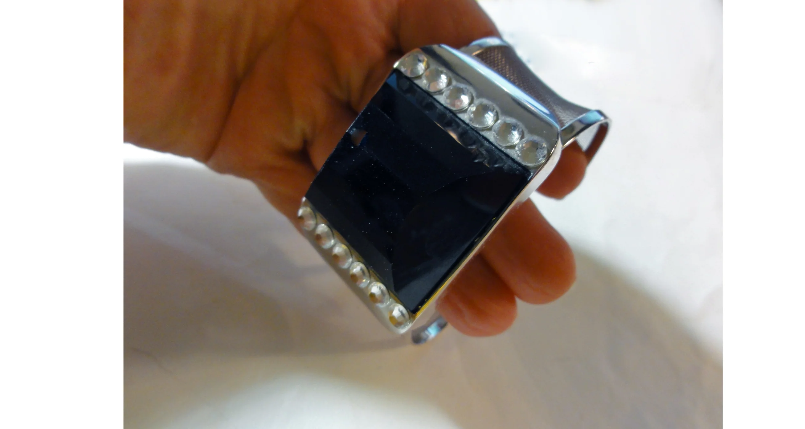 80s/90s Cuff Bracelet Silvertone Mesh Black And Rhinestone By Butler Fifth Avenue Collection - Image 5