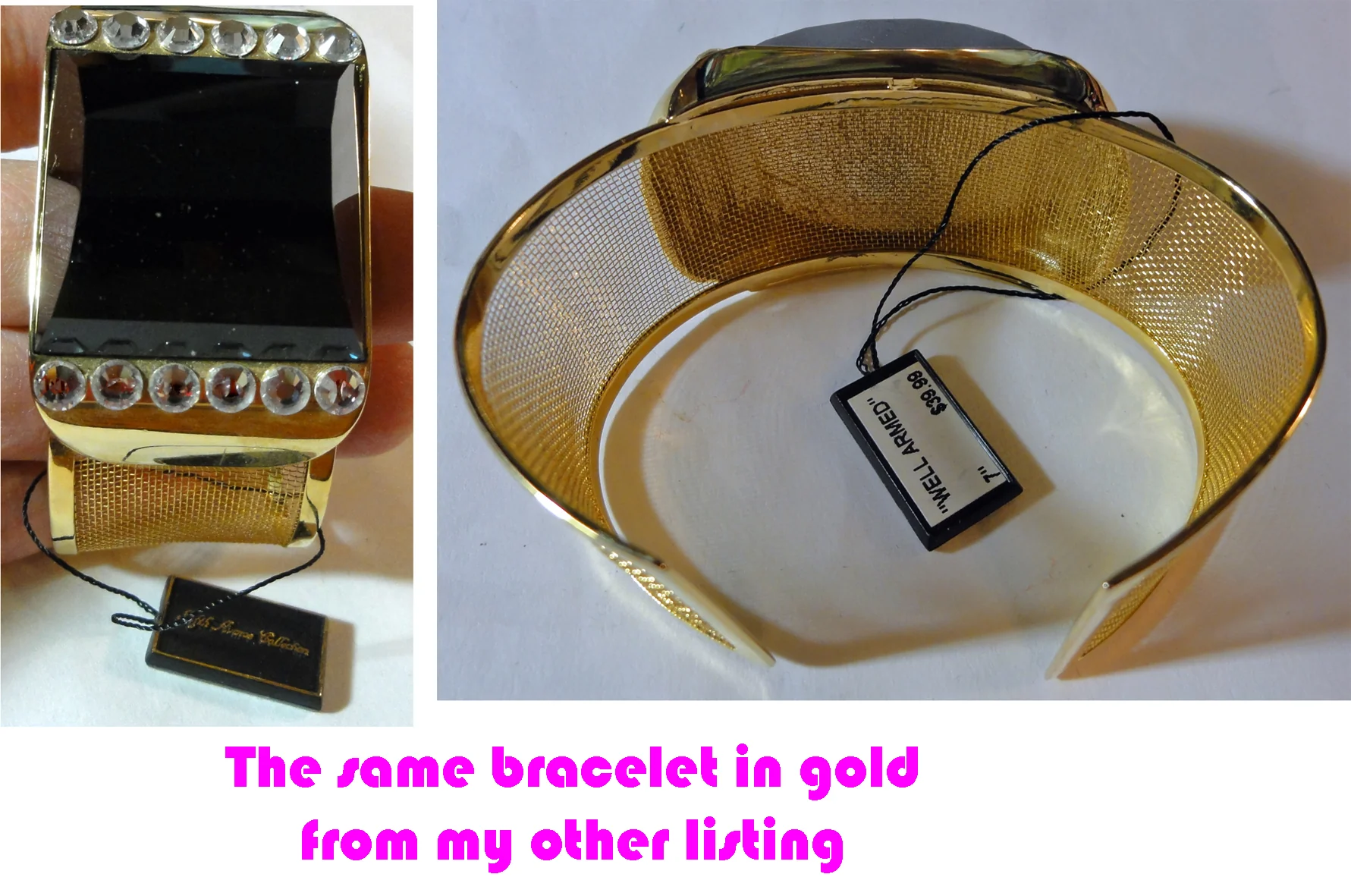 80s/90s Cuff Bracelet Silvertone Mesh Black And Rhinestone By Butler Fifth Avenue Collection - Image 7