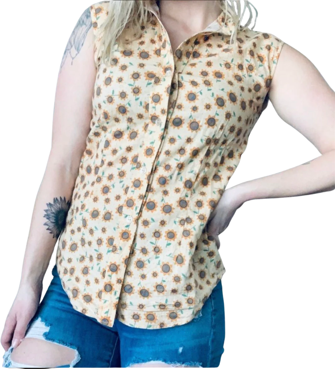 80s/90s Custom Made Sunflower Sleeveless Button Up Blouse By Winning Designs