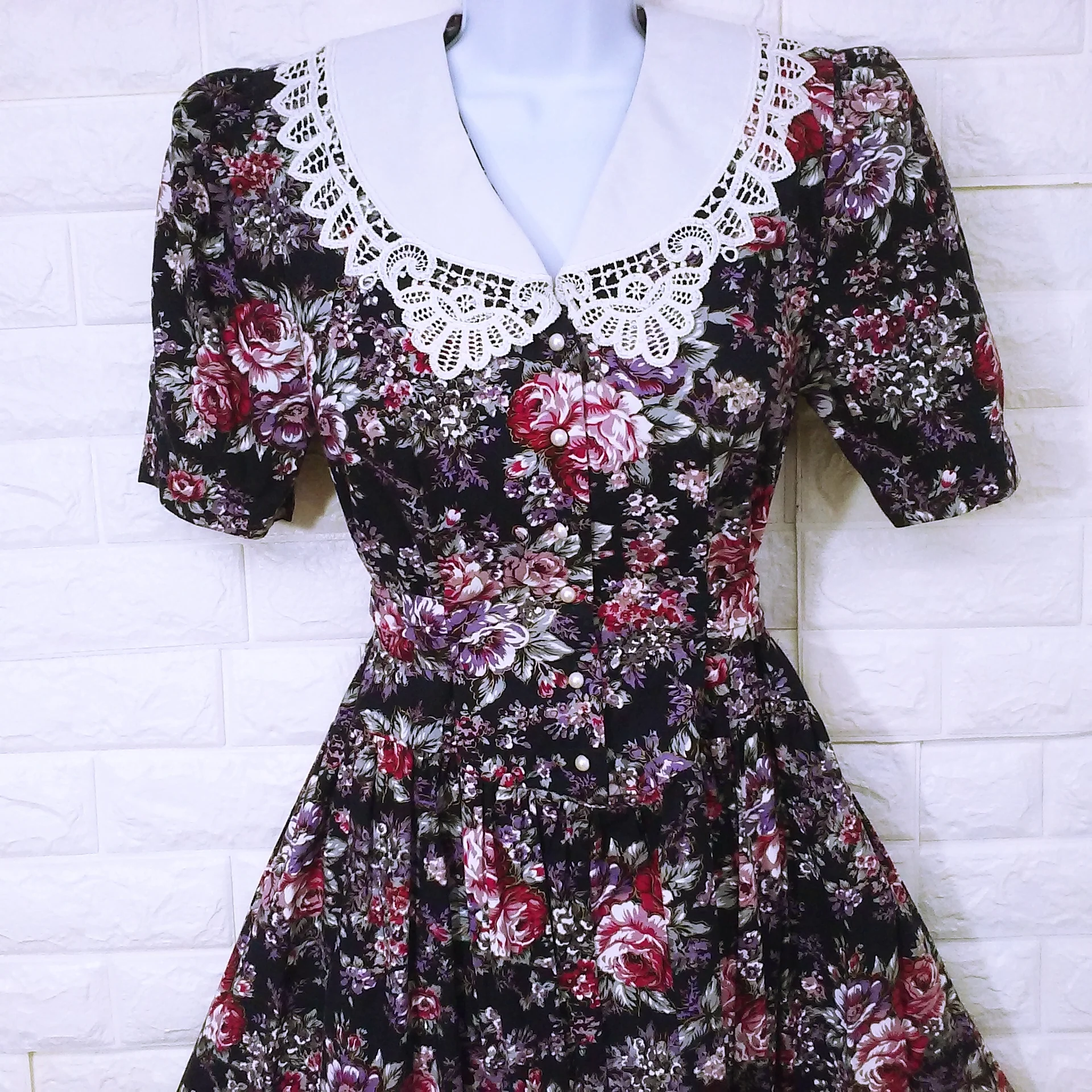 80s/90s Dark Floral Secretary Granny Lace Prairie Dress By Brandywine Creek Made In Philippines - Image 3