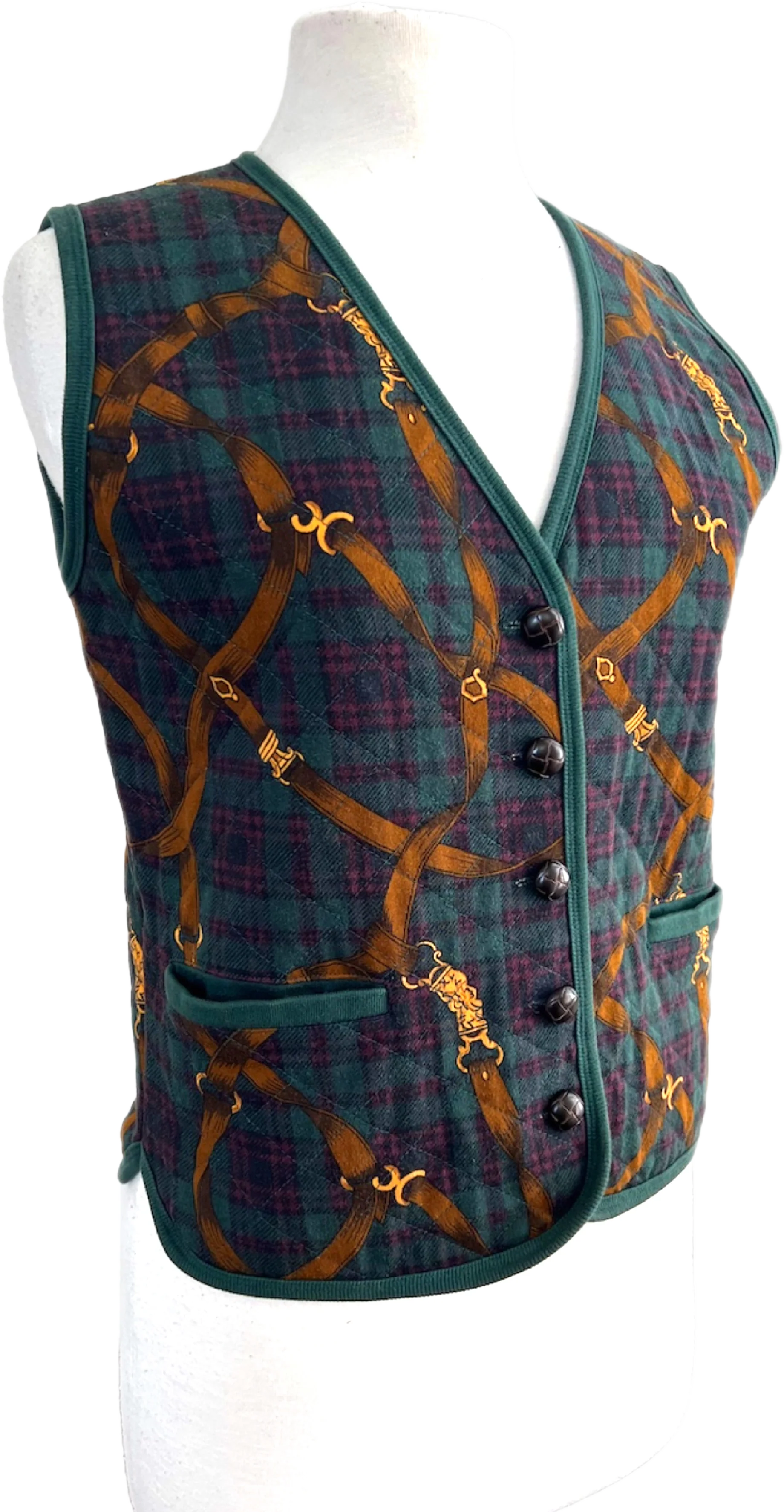 80s/90s Dark Green Graphic Print Button Up Vest | Size S By Jones New York