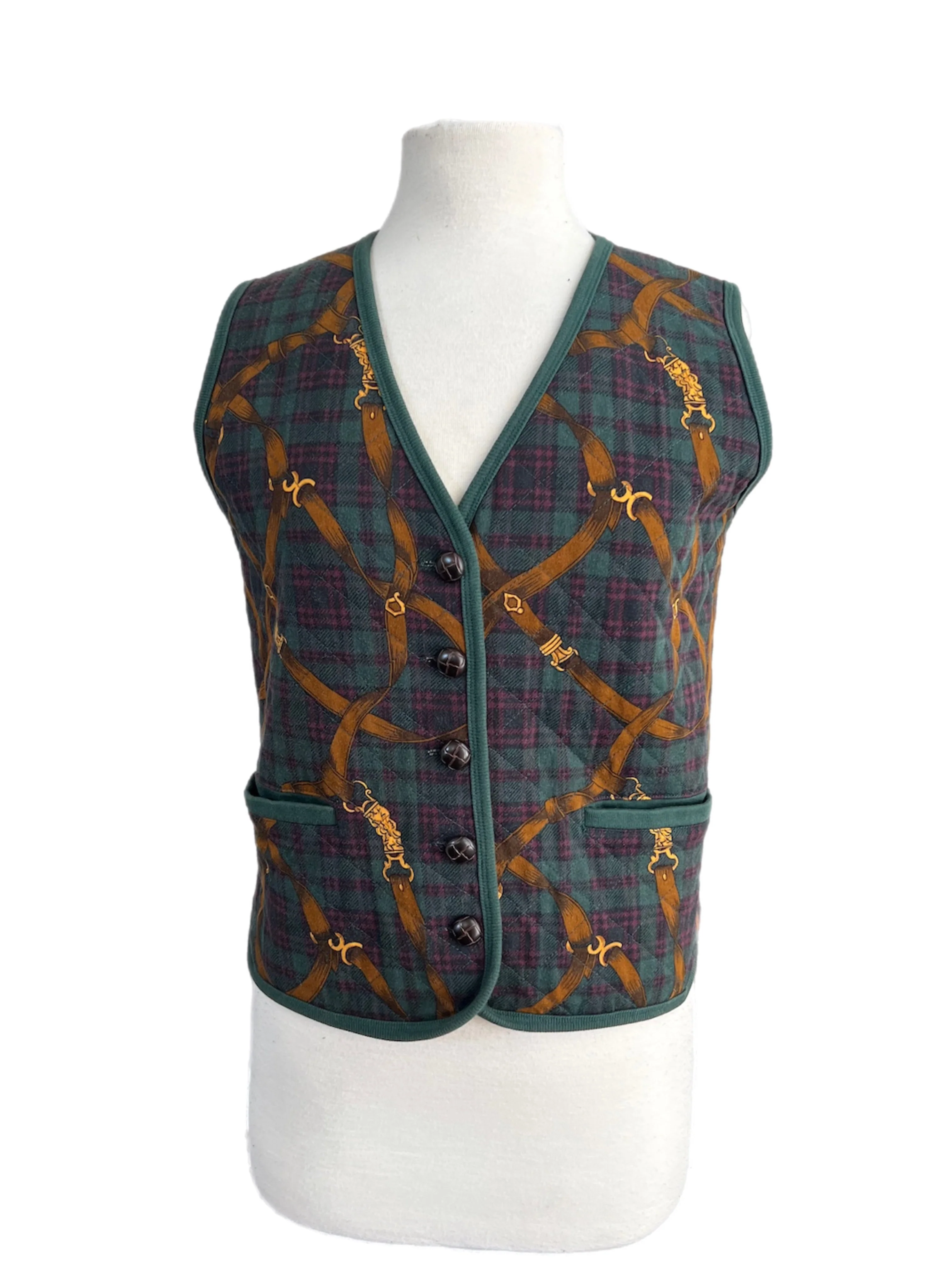 80s/90s Dark Green Graphic Print Button Up Vest | Size S By Jones New York - Image 4