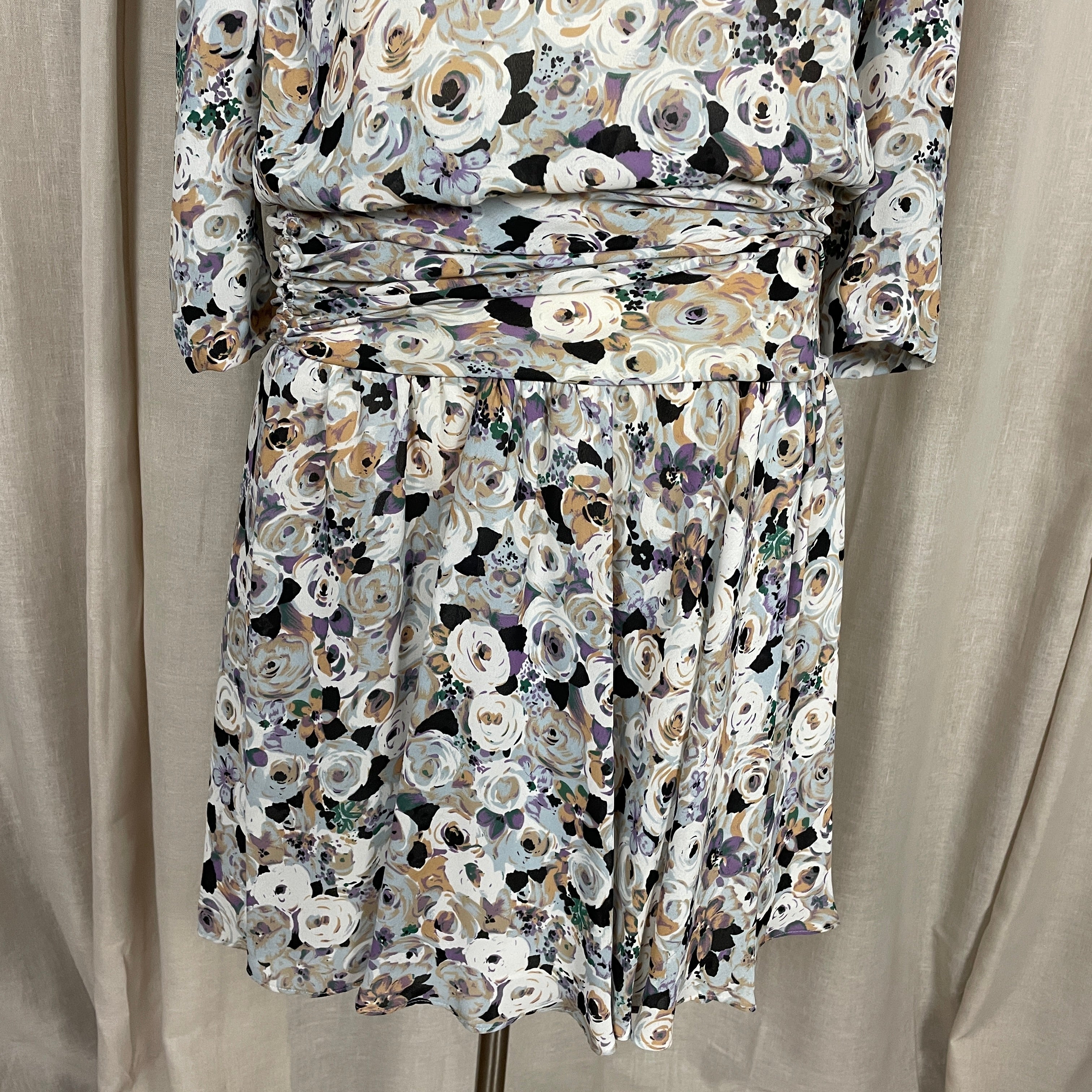 80s/90s Dress Medium Gray White Floral Long Sleeve Ruffle By Liz Roberts - Image 5