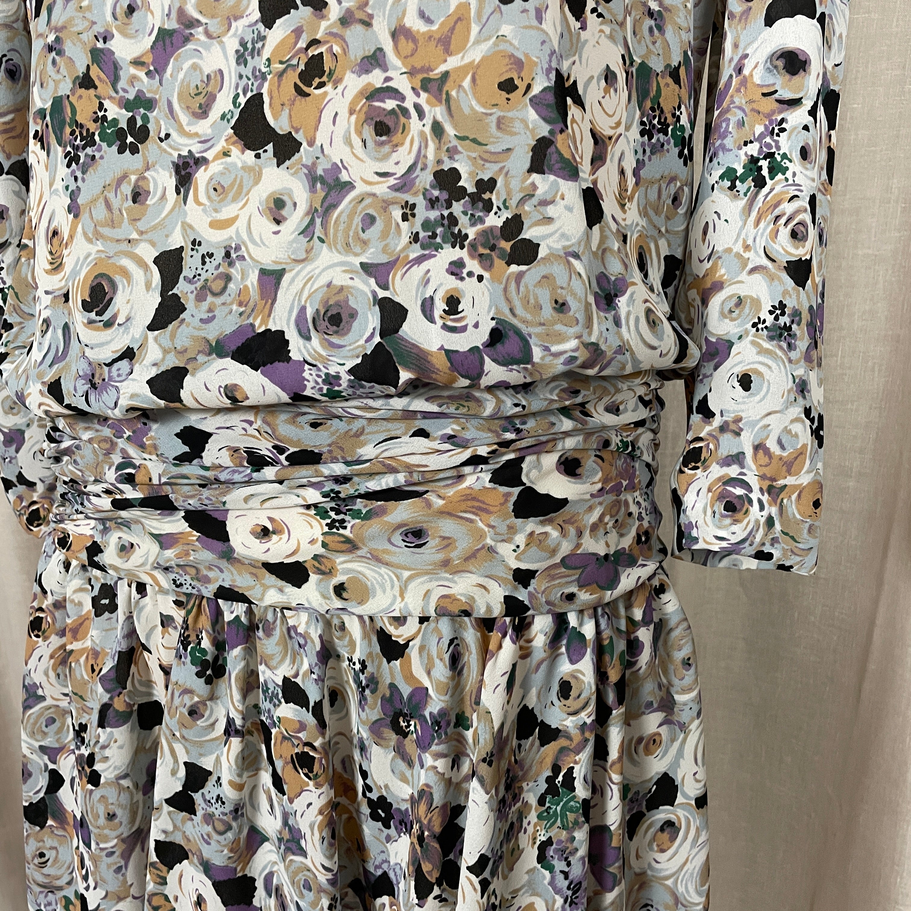 80s/90s Dress Medium Gray White Floral Long Sleeve Ruffle By Liz Roberts - Image 7