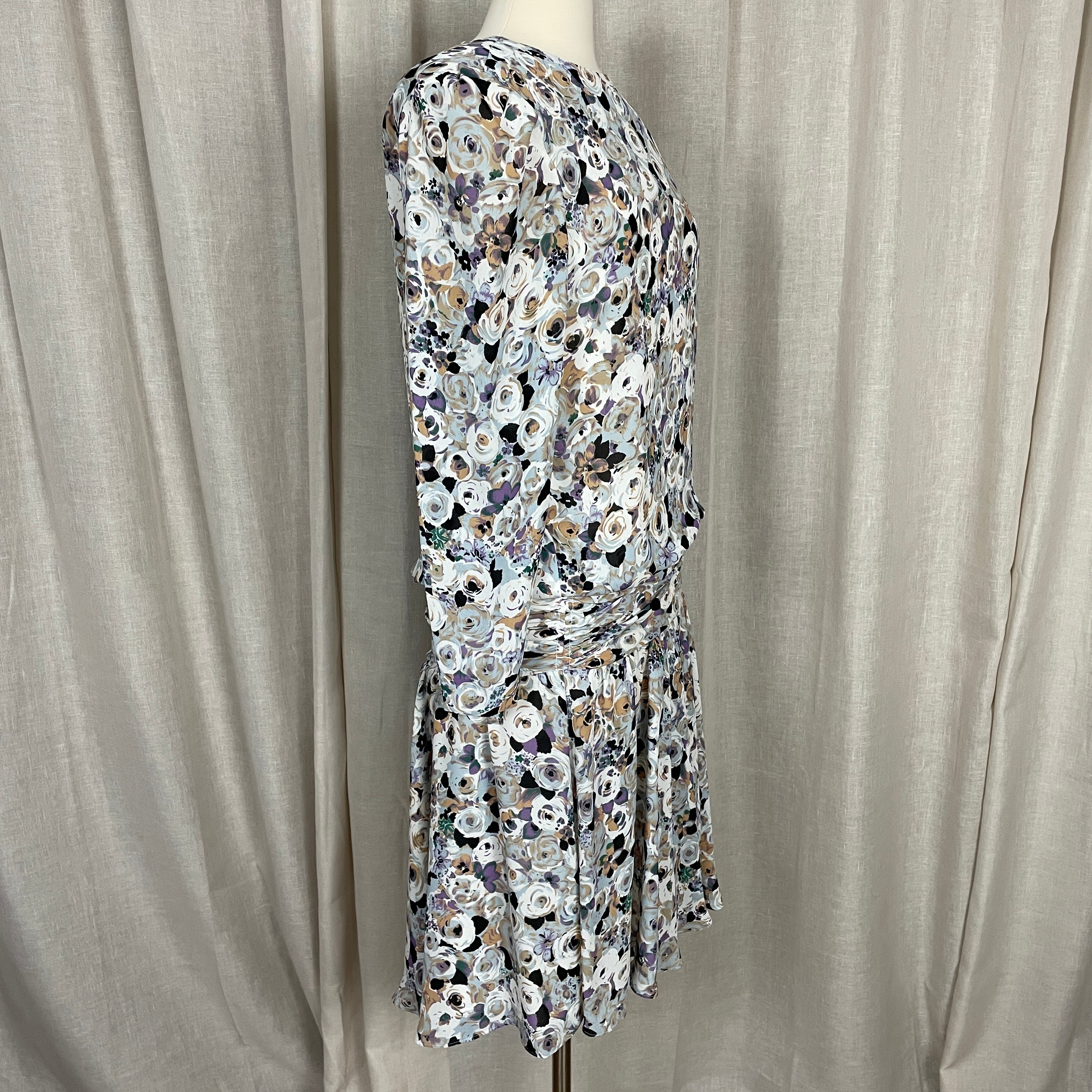 80s/90s Dress Medium Gray White Floral Long Sleeve Ruffle By Liz Roberts - Image 9