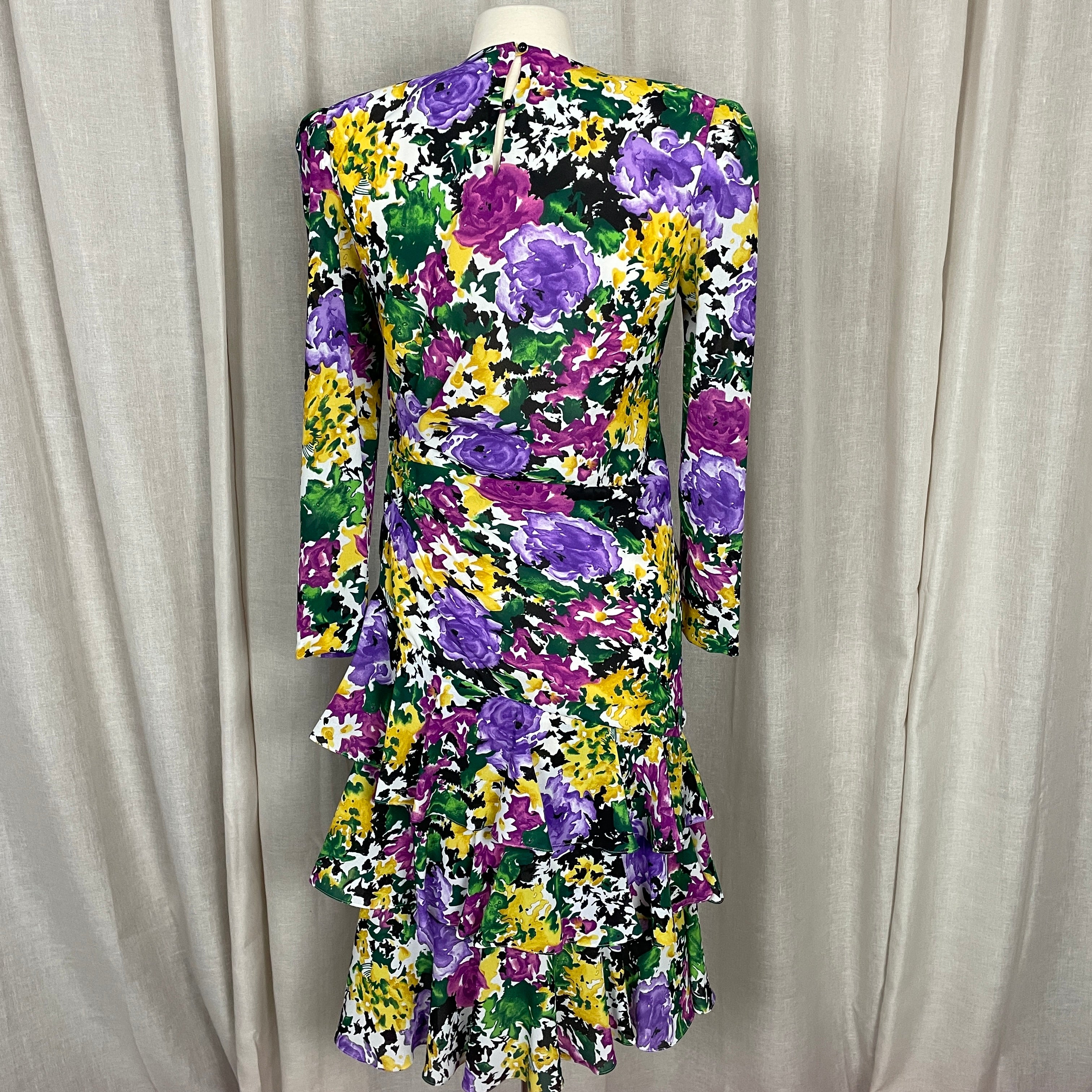 80s/90s Dress Size 8 Green Purple Floral Midi Tiered By Liz Roberts - Image 9