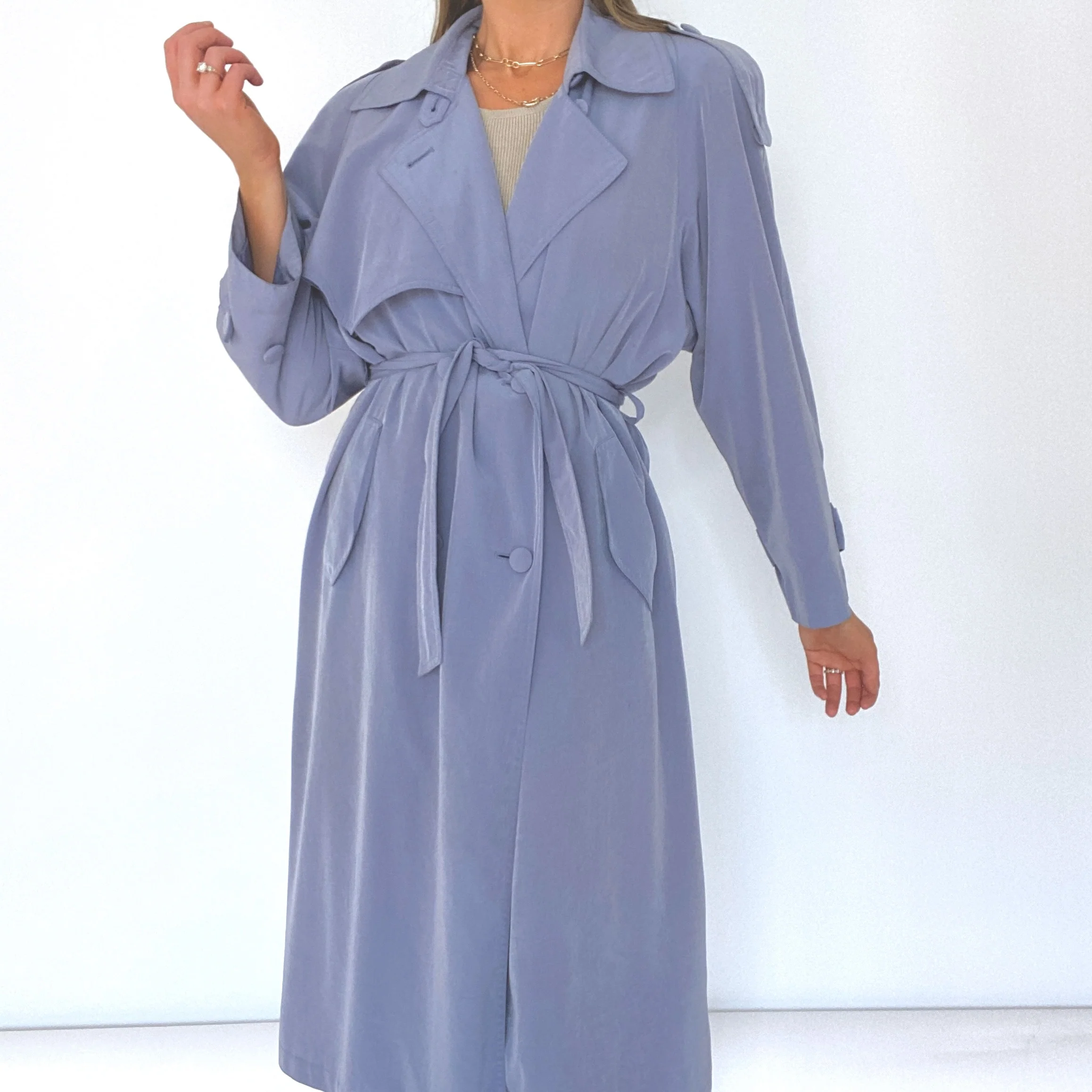 80s/90s Dusty Blue Trench Coat - Image 3